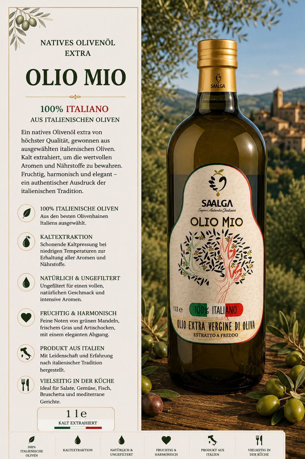 Olio, Olio d'oliva, Extra, Italiano, 1 l