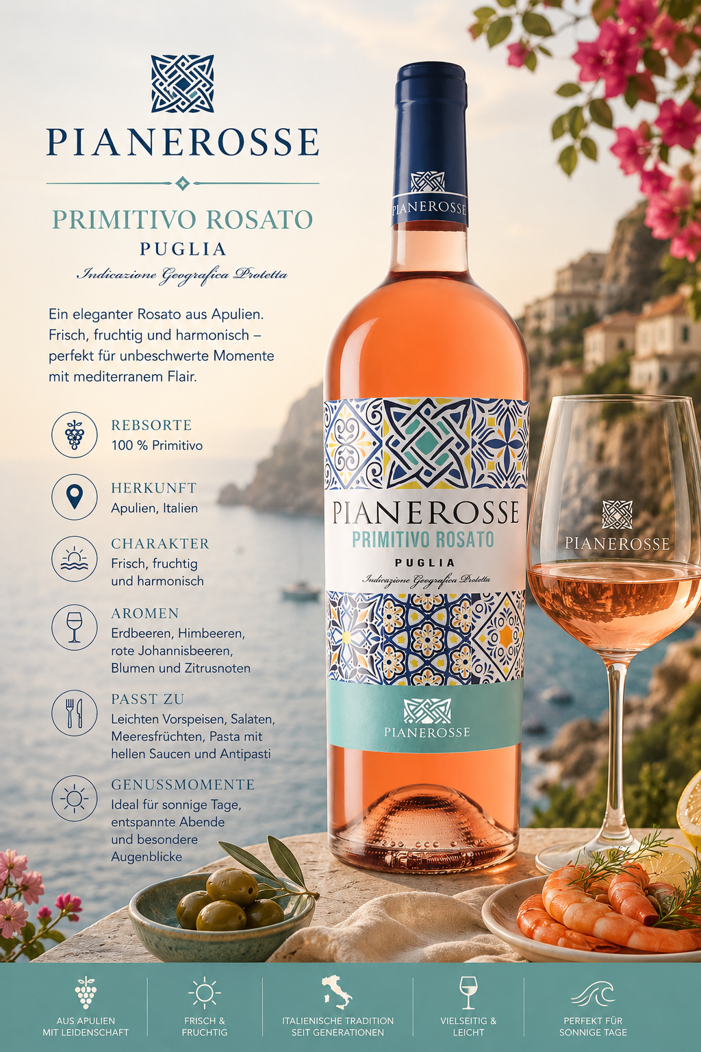 rosé, primitivo rosato, weinflasche, gläser, mediterran