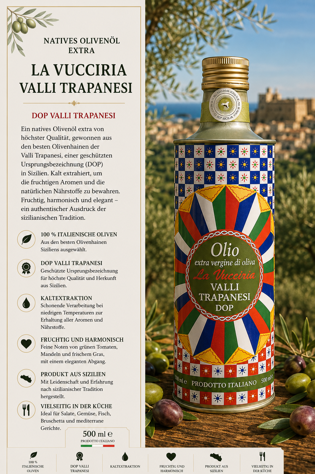 Olivenöl, Extra Vergine, La Vucciria, DOP Valli Trapani, 500 ml