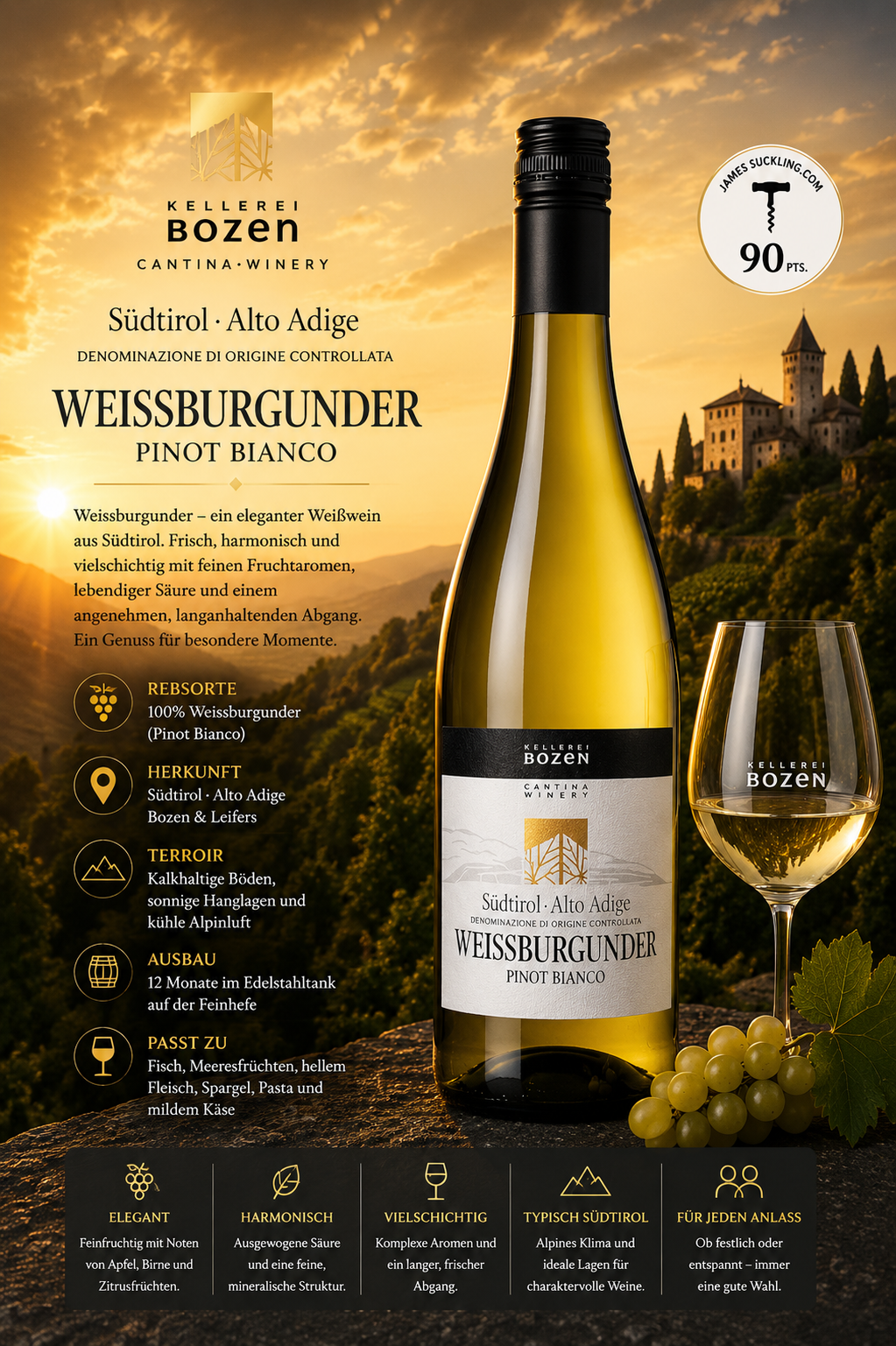 Weißwein, Pinot Bianco, Weissburgunder, Südtirol, Weißwein Flasche