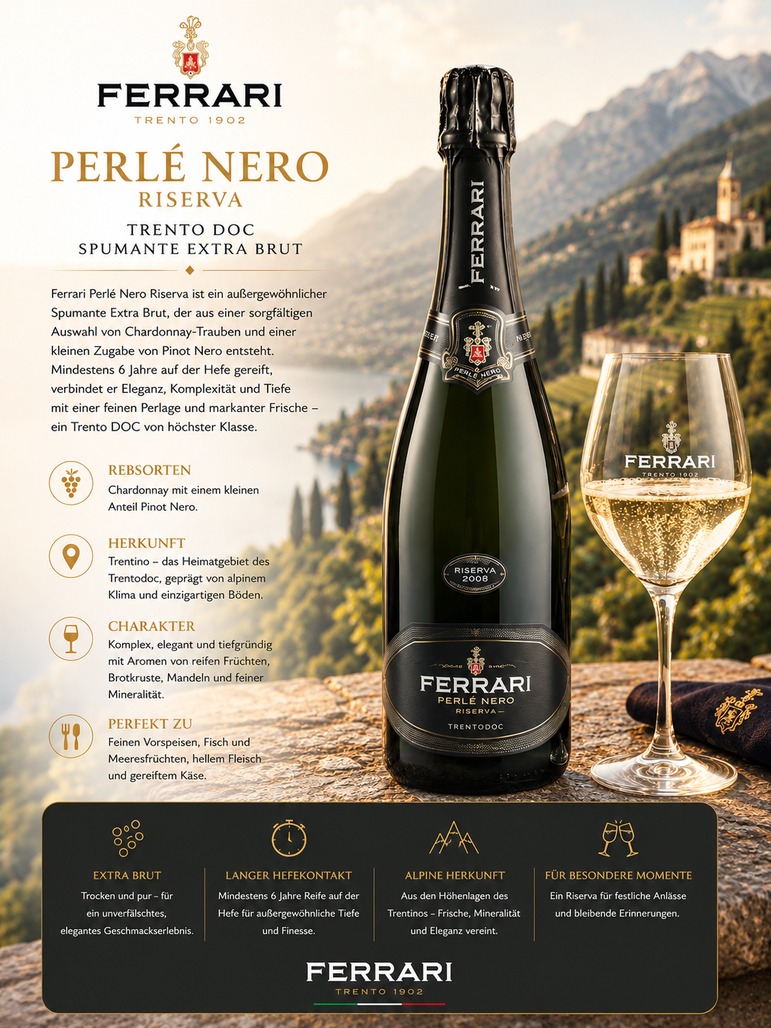 Sektflasche, Champagner, Trento DOC, Perlè Nero Riserva, Flösselglas