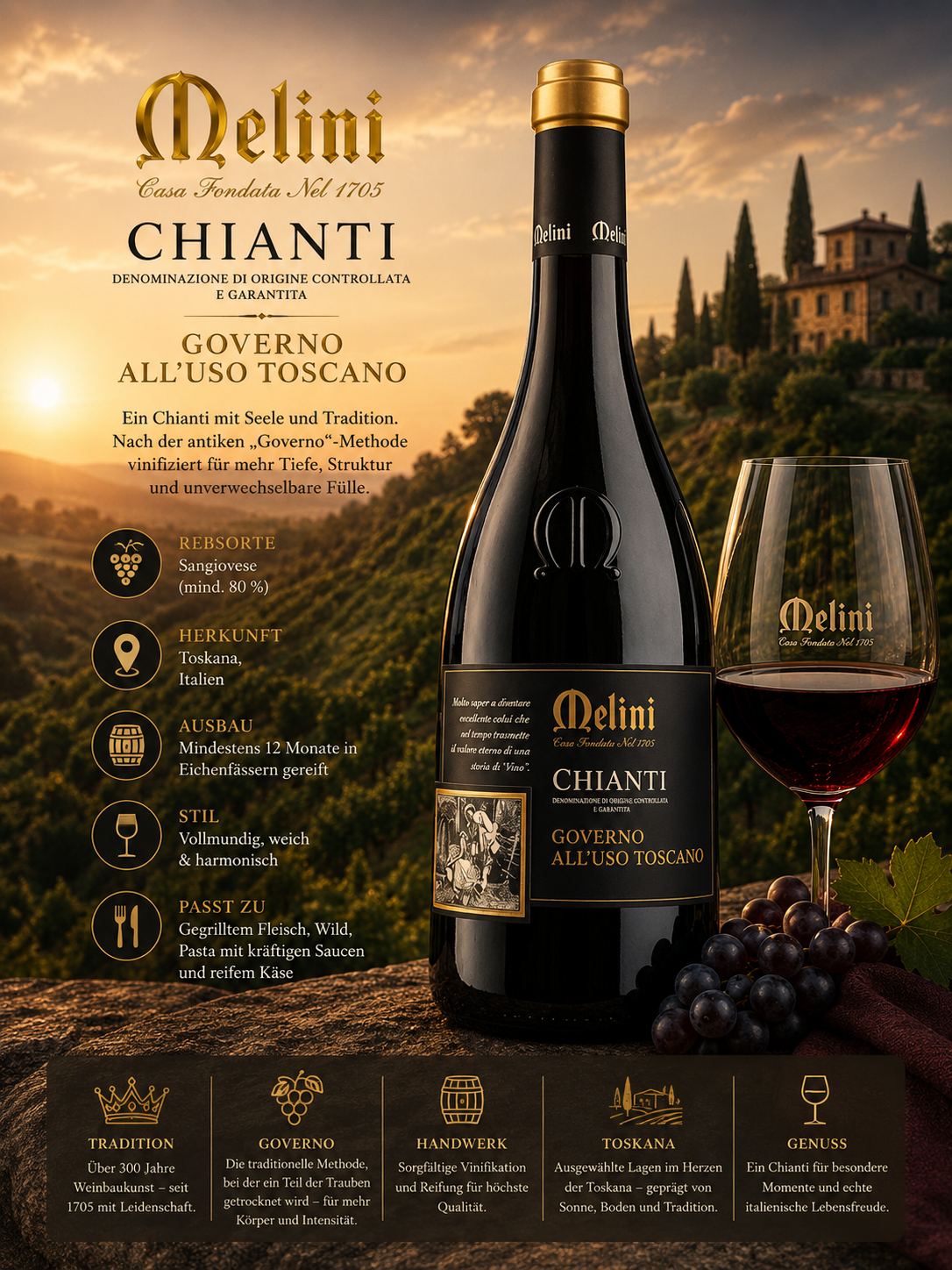 wein, chianti, flasche, glas, weinflasche
