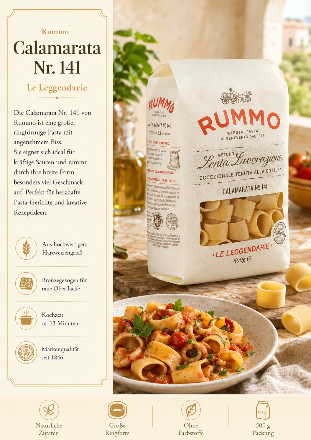 Pasta, Calamarata, Pasta-Verpackung, Trockenpasta, Italienische Pasta