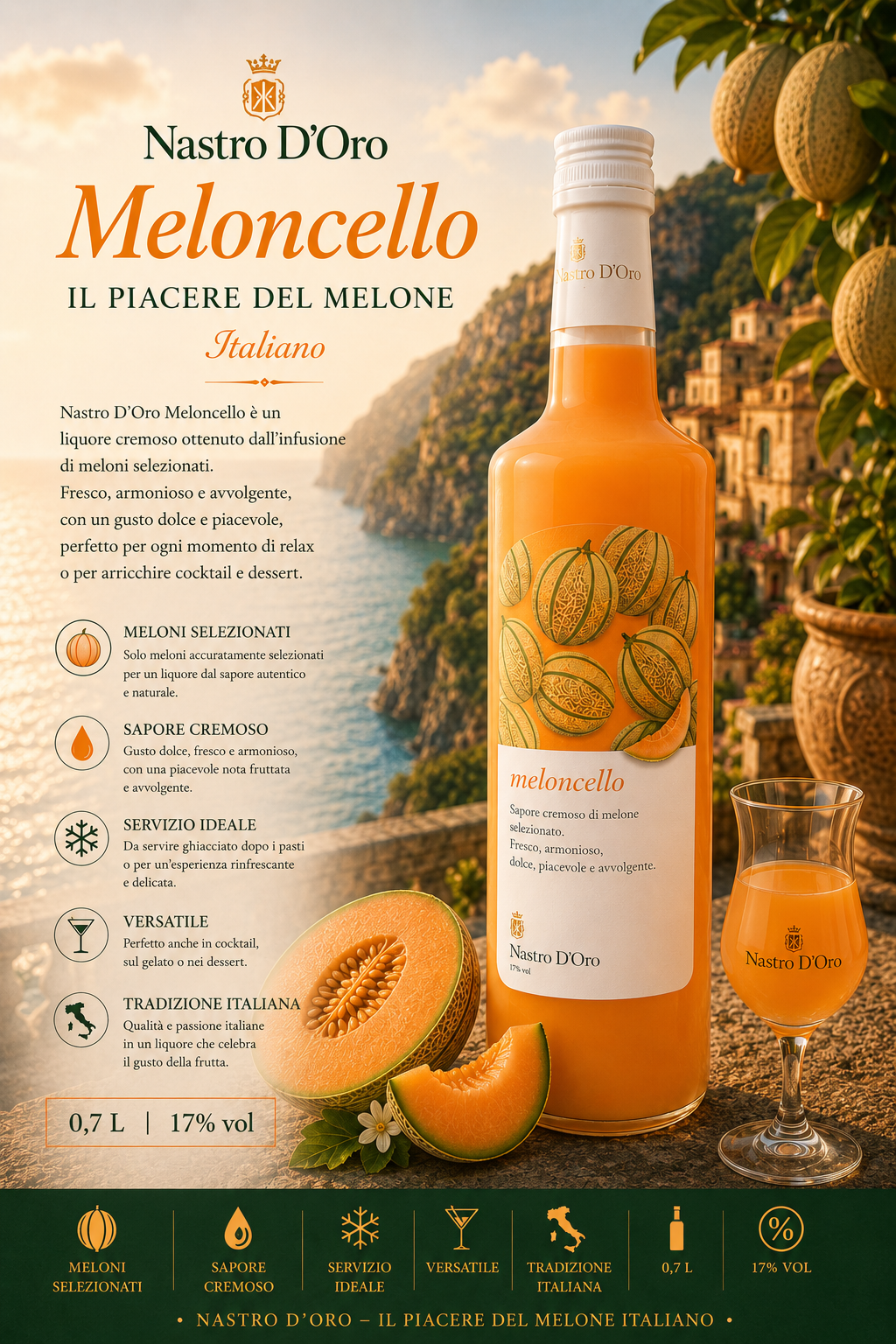Melone Likör, Melonen Saft, orange Farbe, Glasflasche, Italienische Tradition