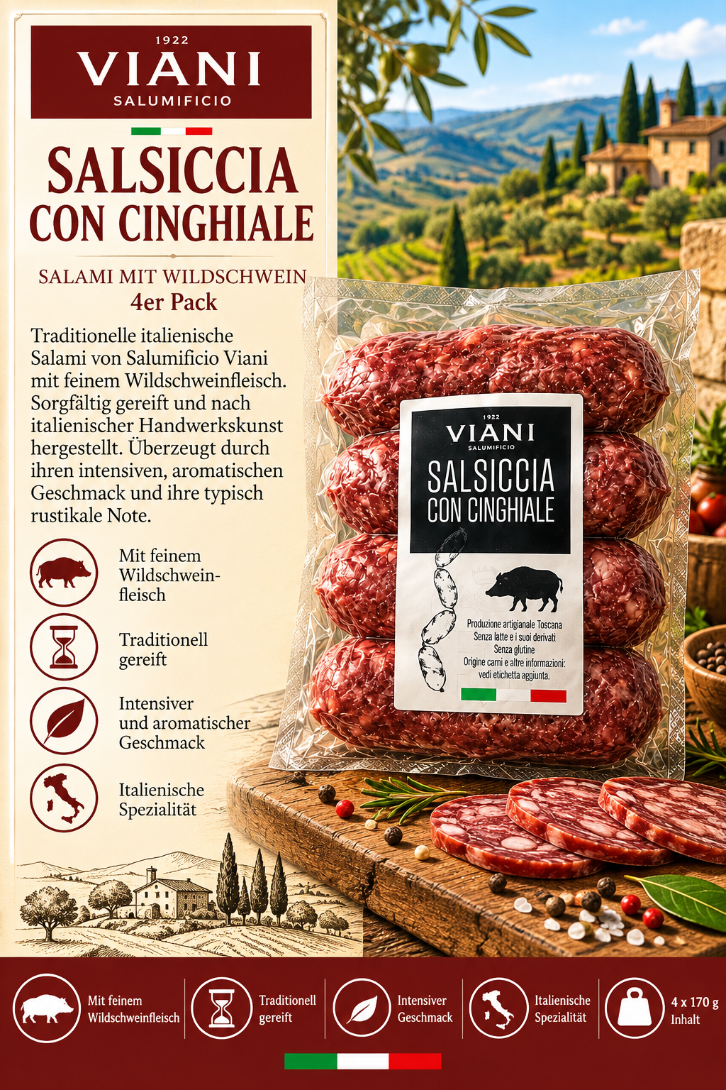 Salsiccia, Wildschwein, Wurst, Italienische Spezialität, 4er Pack