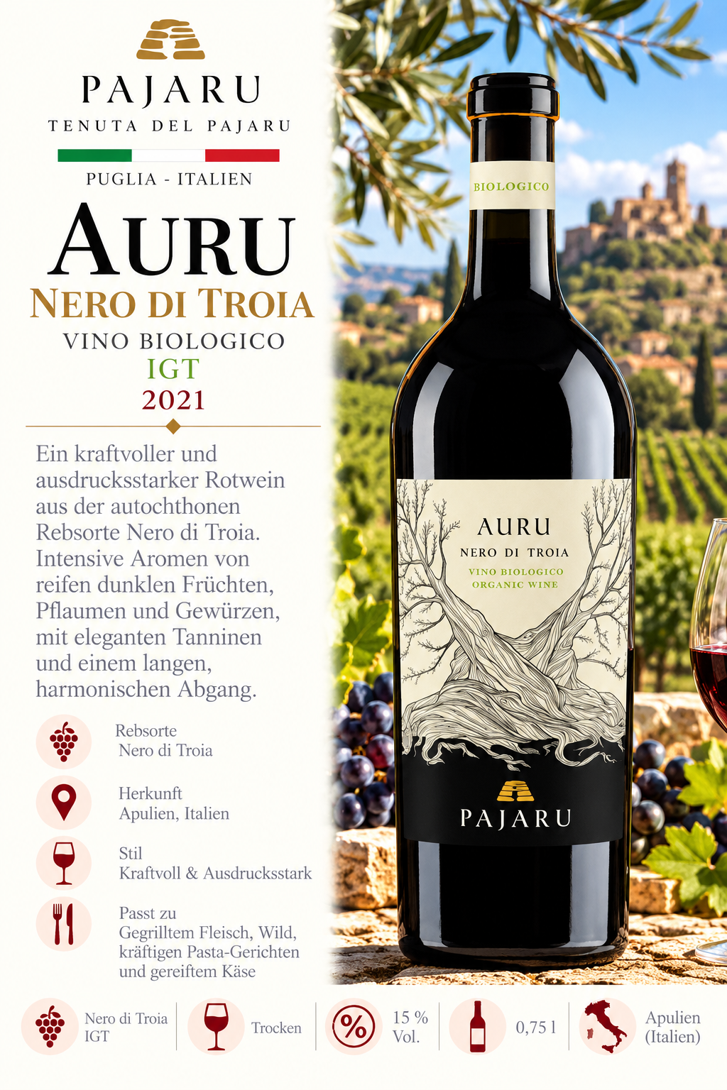 Wein, Rotwein, Biologisch, Nero di Troia, Italienische Weinflasche