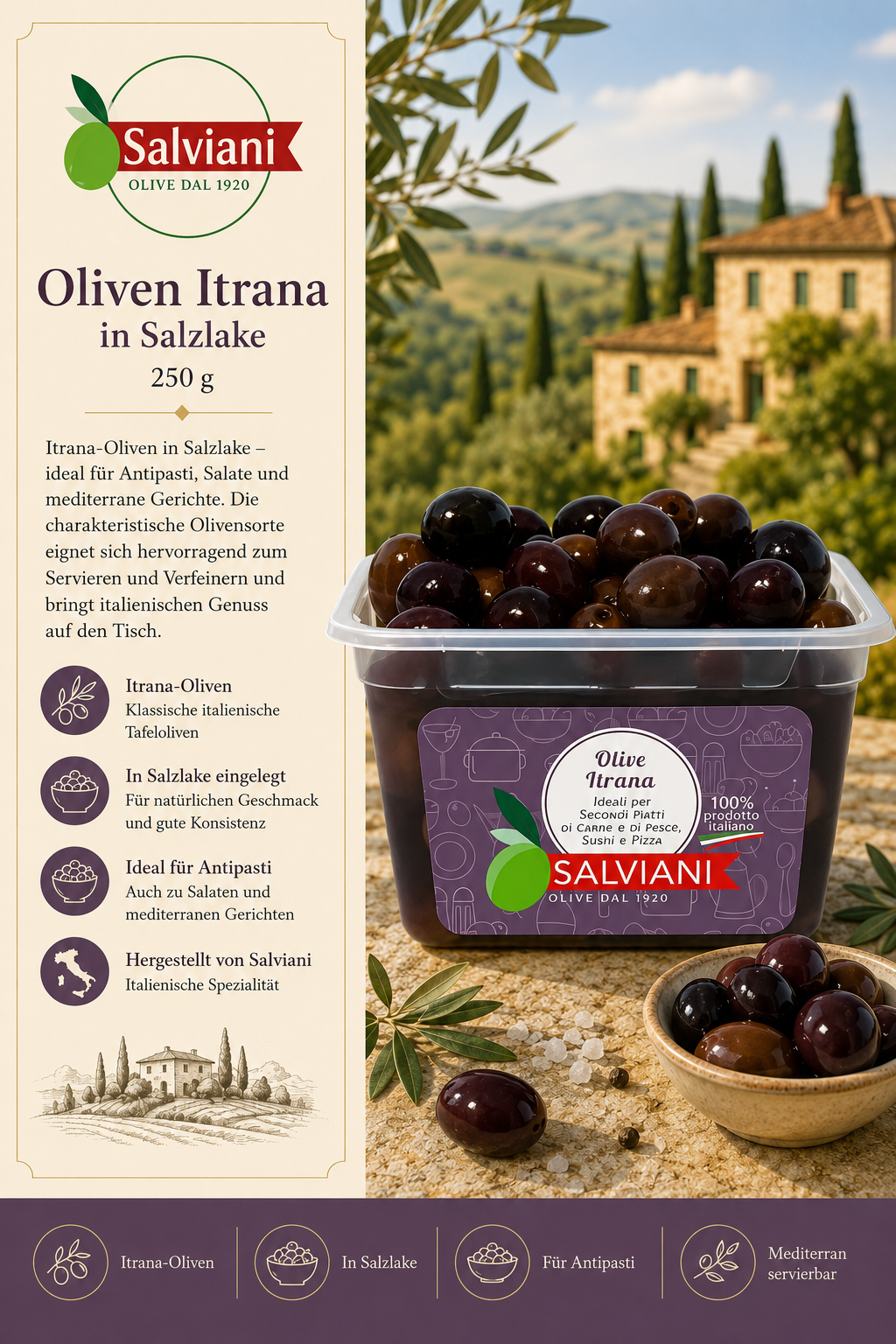 Oliven, Olivenstücke, Salviani, Oliven in Salzlake, 250 g