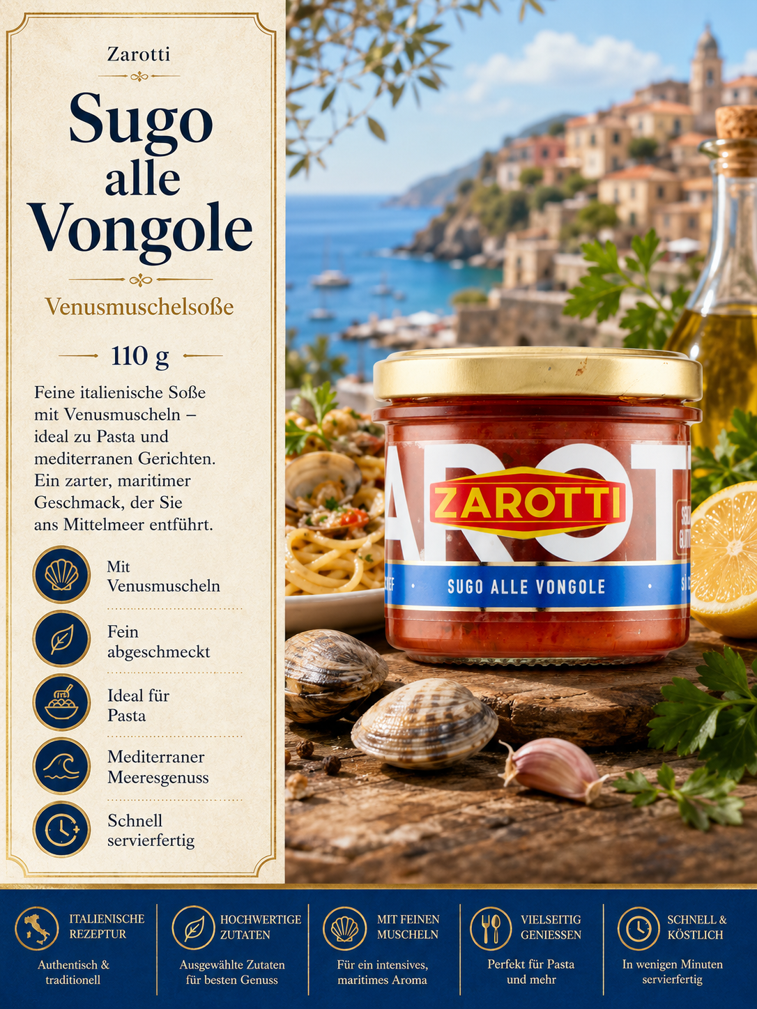 Pasta-Sauce, Venusmuschelsoße, Sugo, Mediterraner Essig, Glasdose