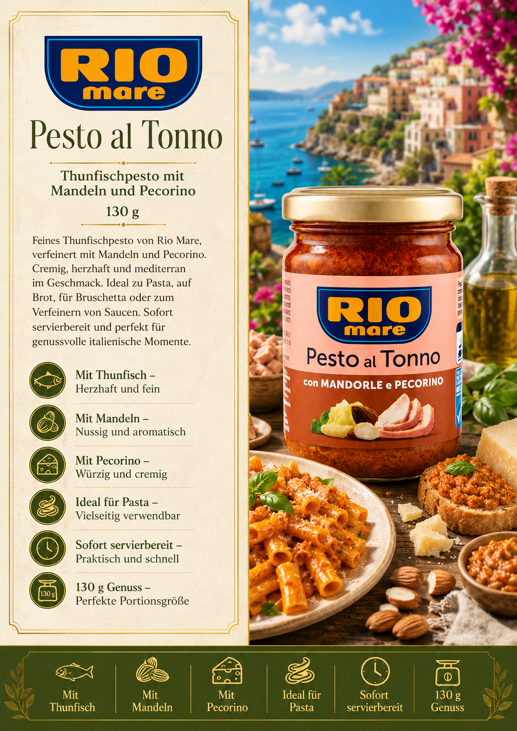 Pesto, Pasta-Sauce, Tomatensauce, Mandeln, Pecorino