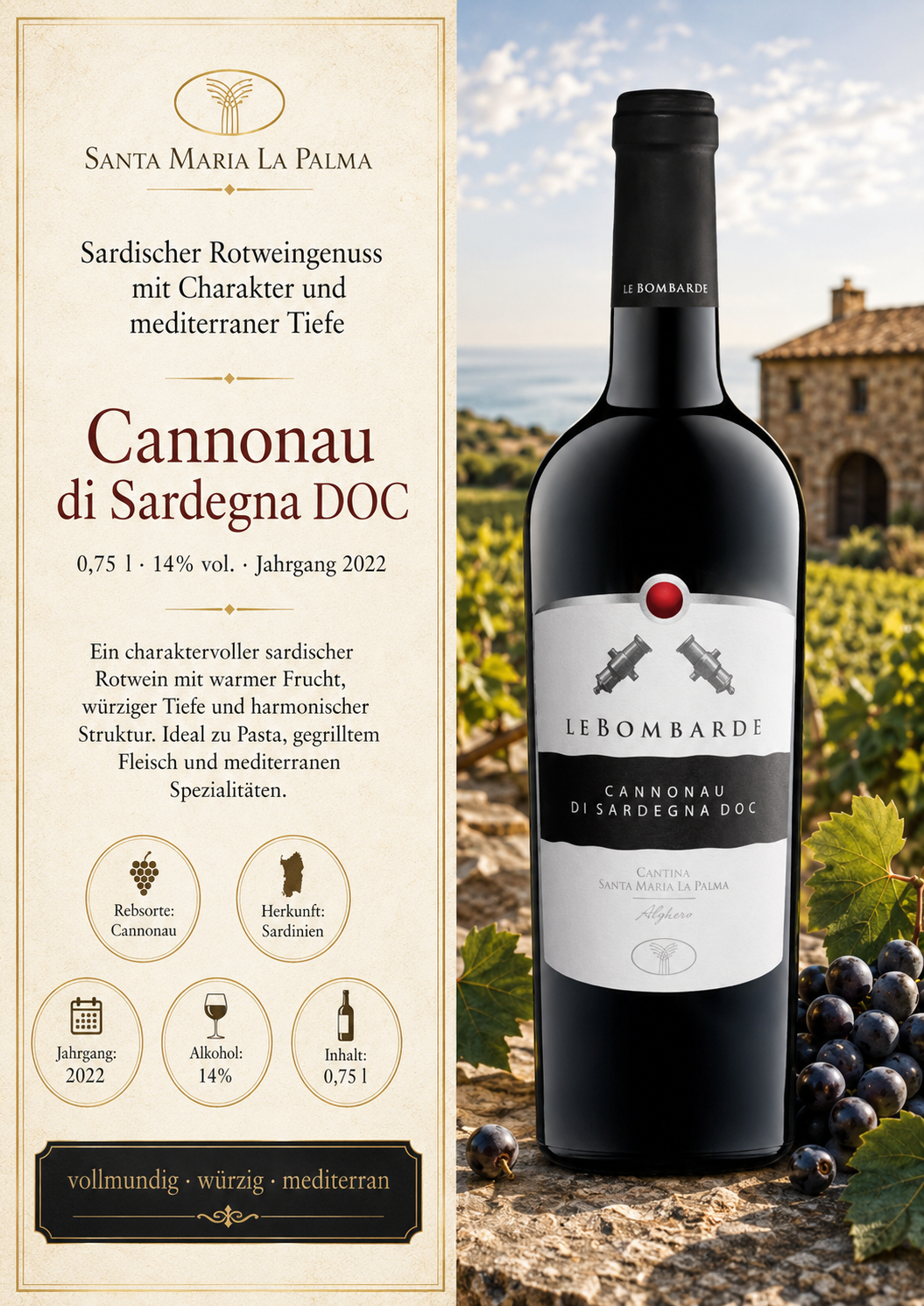 Rotwein, Cannonau, Sardegna, DOC, 0,75 l