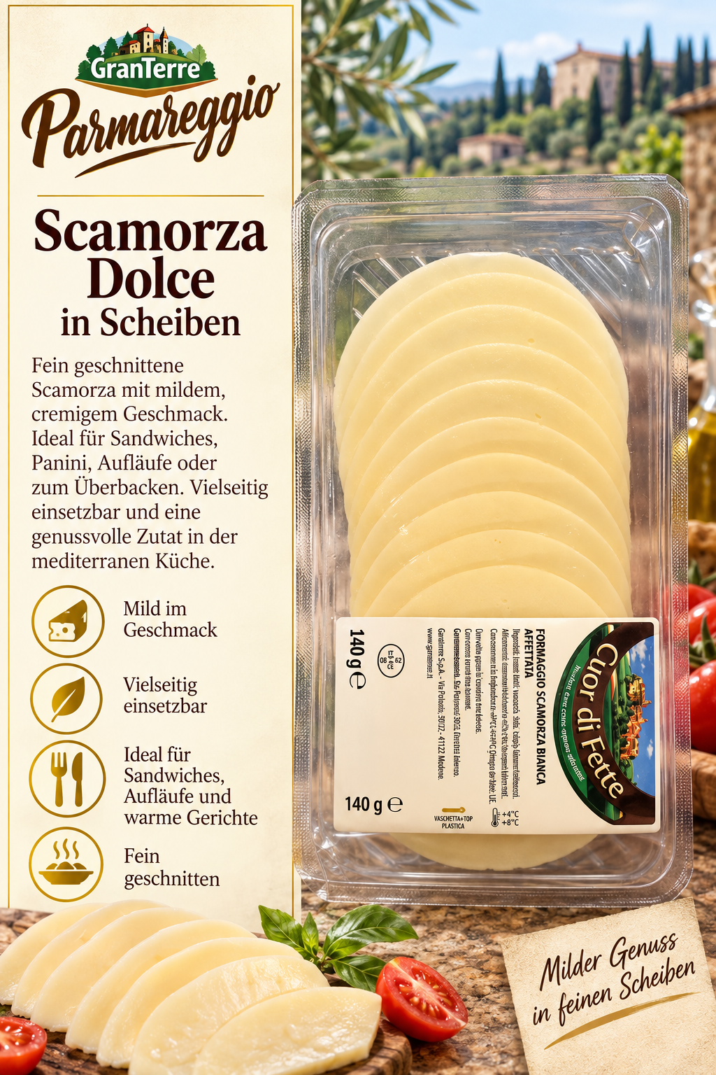 Käse, Scamorza, Scheiben, Italienisch, Mild