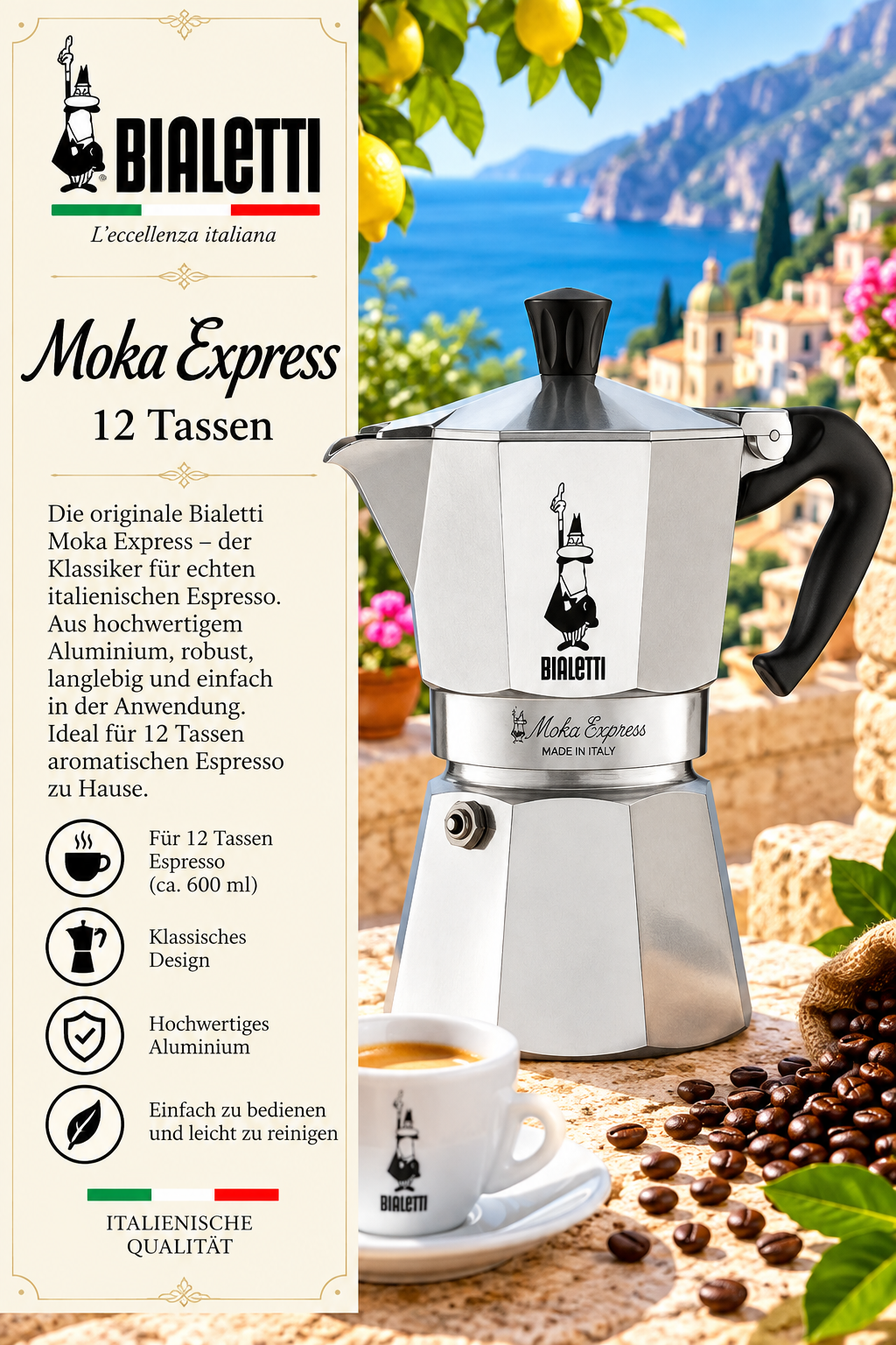 Kaffeemaschine, Espressokocher, Aluminium, Moka Express, Italienische Qualität