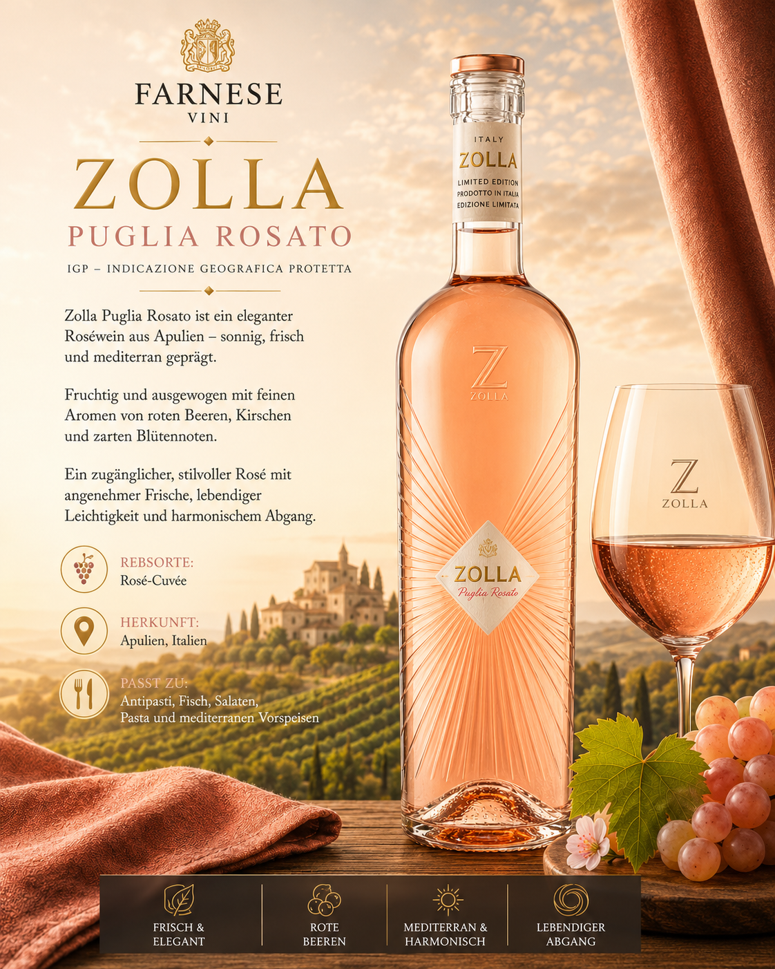 Roséwein, Zolla, Glas Wein, Roséflasche, Italien