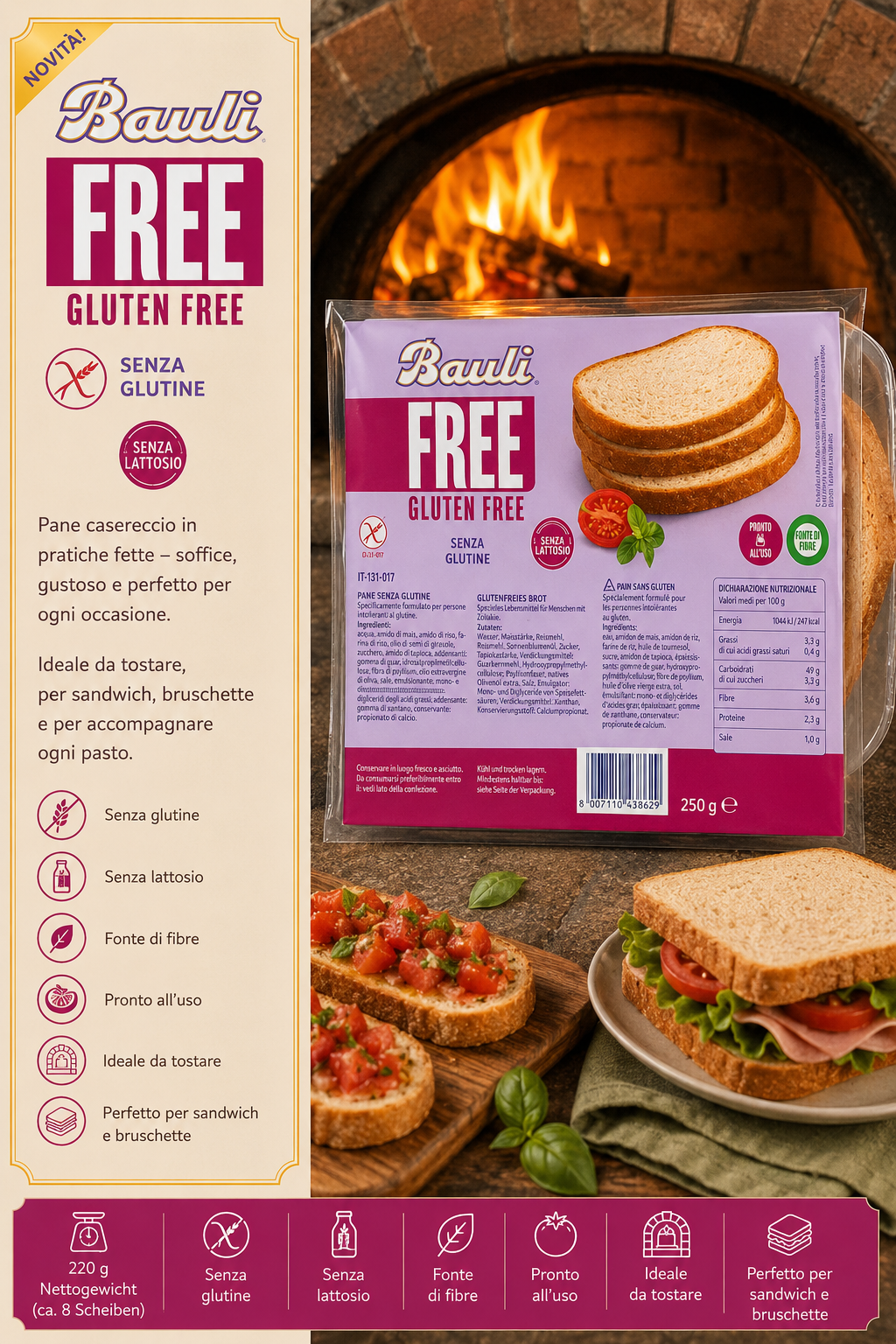 Glutenfreies Salzgebäck Bauli Pane Casereccio in Scheiben 220g| Bauli 