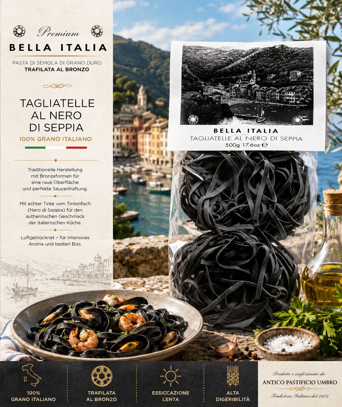 Pasta, Tagliatelle, Schwarz, Bronzeformen, Sortenbemerkung