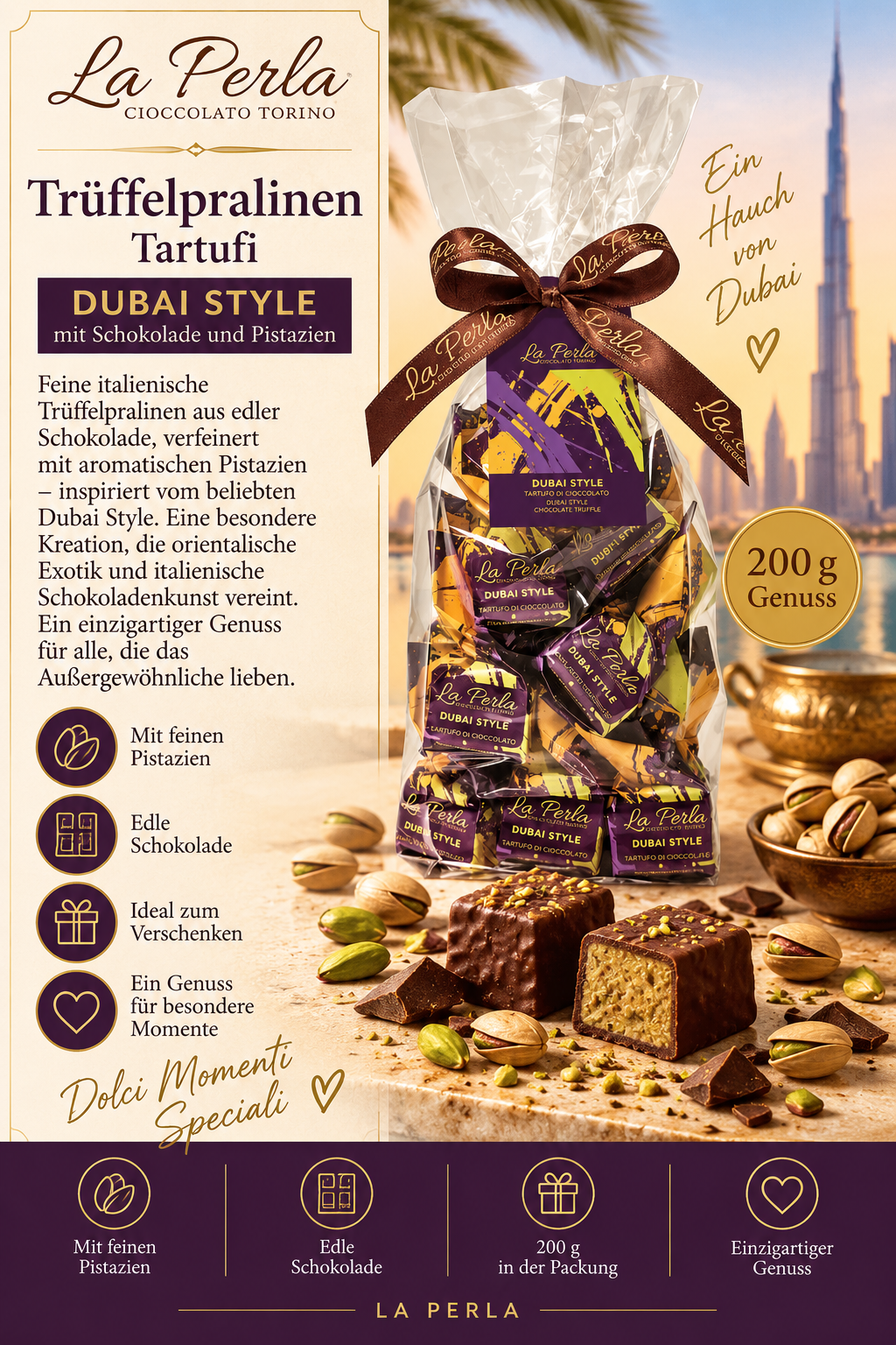 Trüffelpralinen, Dubai Style, Schokolade, Pistazien, 200 g