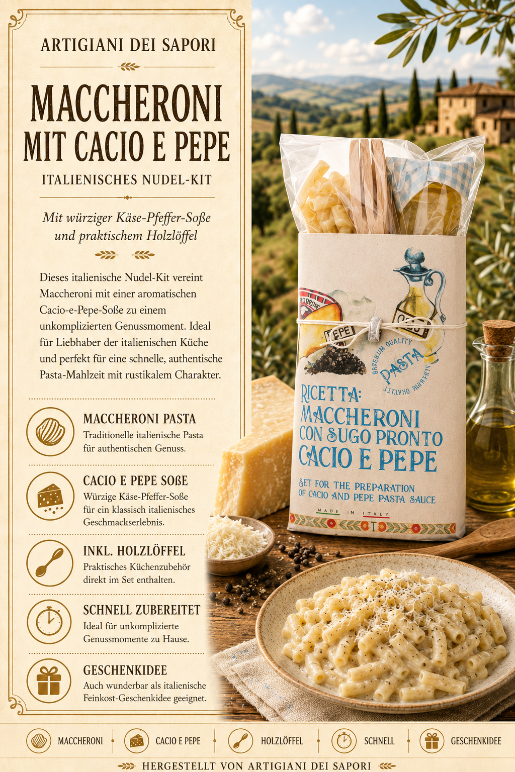 Maccheroni, Pasta, Nudel-Kit, Cacio e Pepe, Italienisch