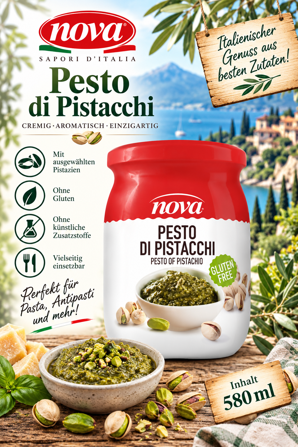 Pesto, Pistazien, Glutenfrei, Pesto di Pistacchi, 580 ml