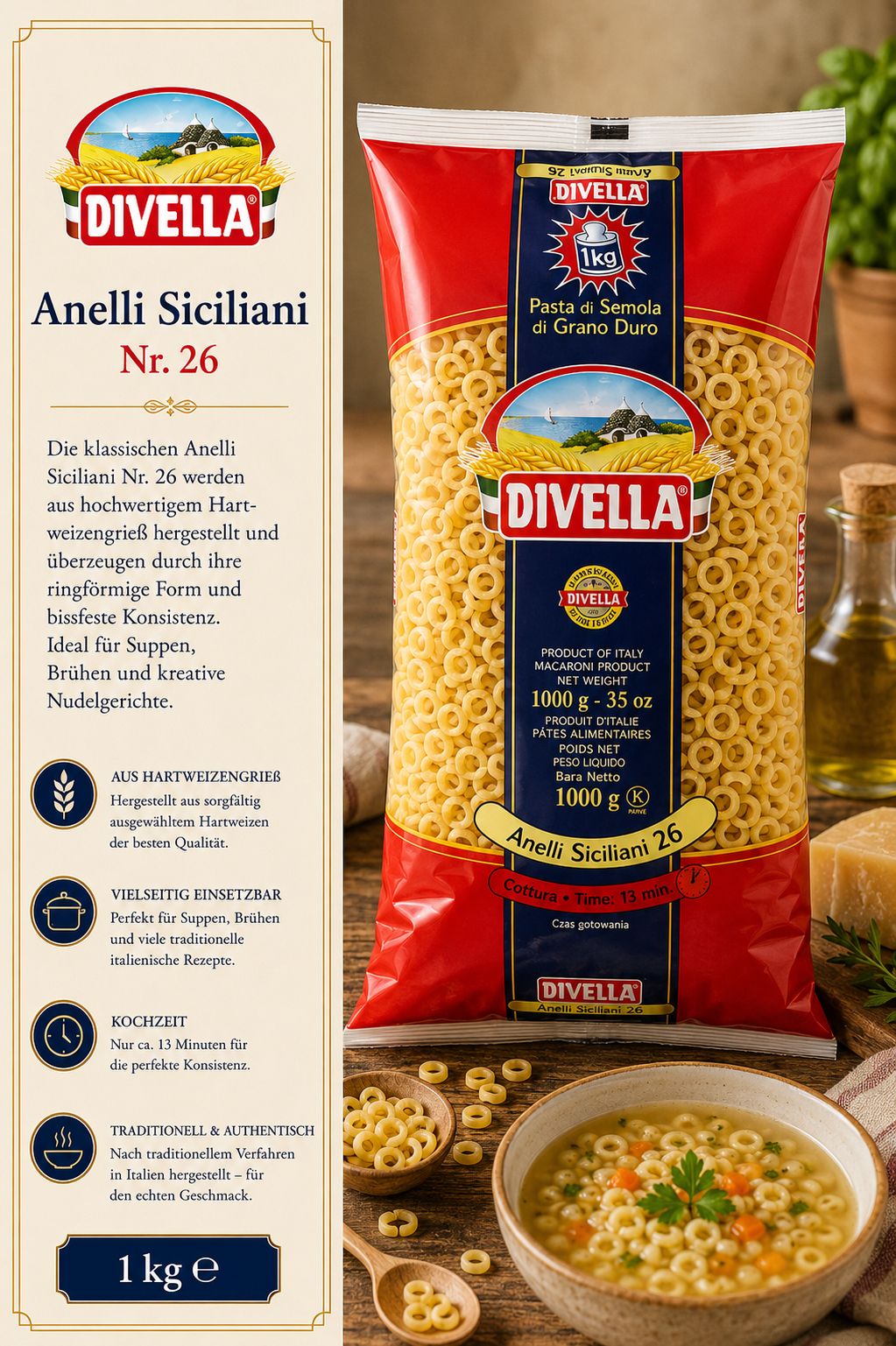 Pasta, Anelli Siciliani, Divella, Hartweizengrieß-Pasta, 1 kg