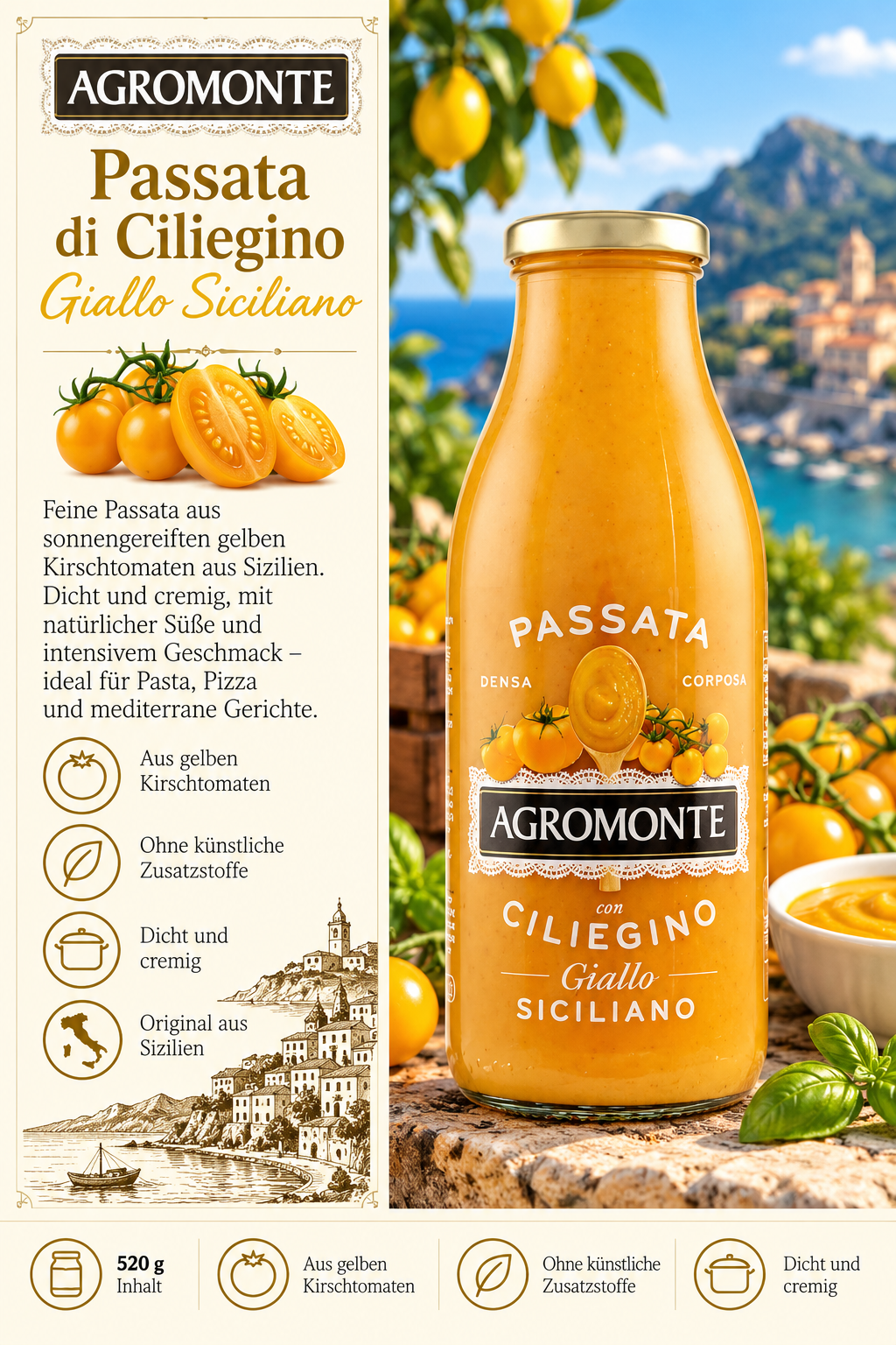 Passata, Tomatensauce, Gelbe Kirschtomaten, KirschTomaten, Glasflasche