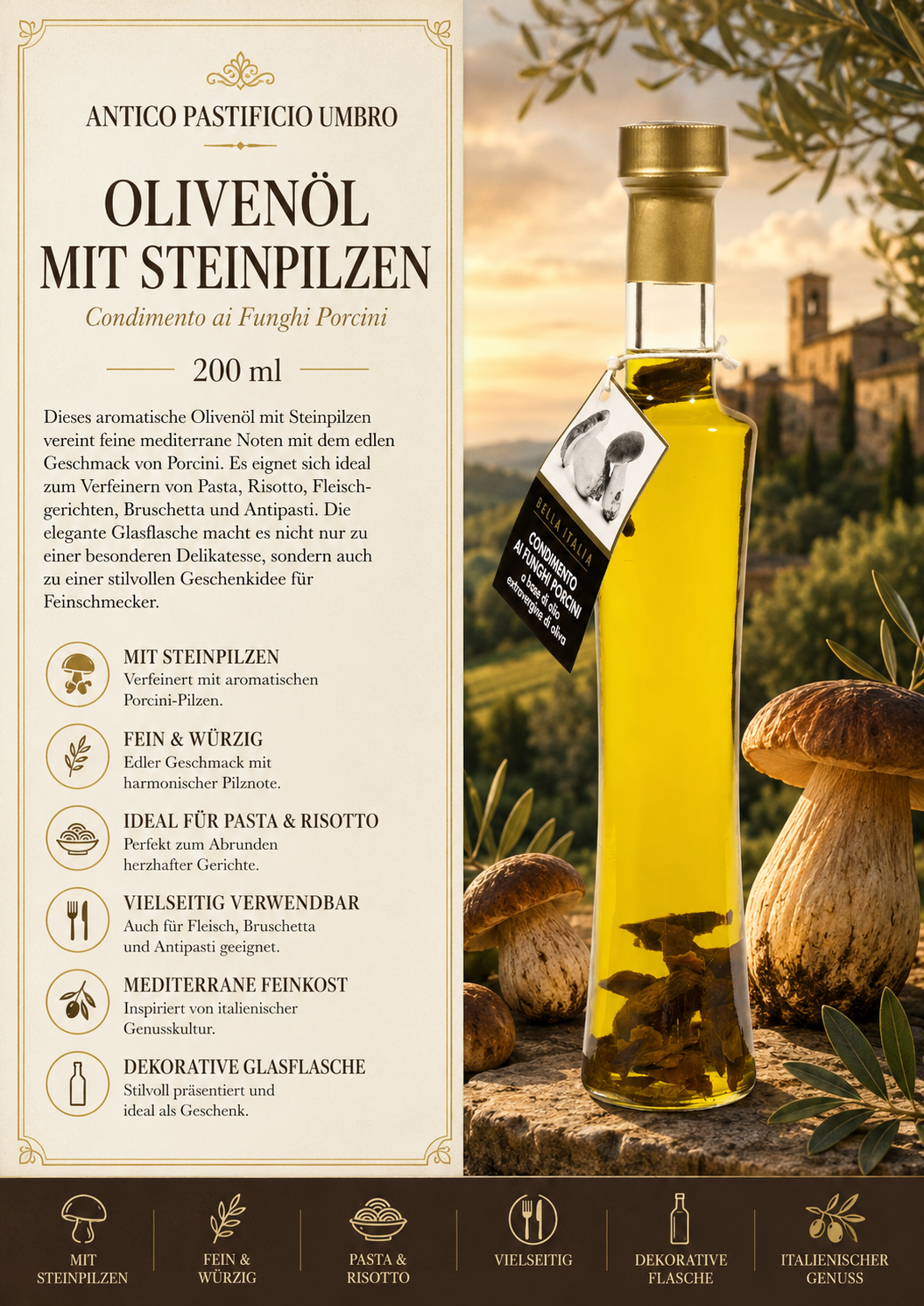 Olivenöl, mit Steinpilzen, Glasflasche, Italienisch, 200 ml