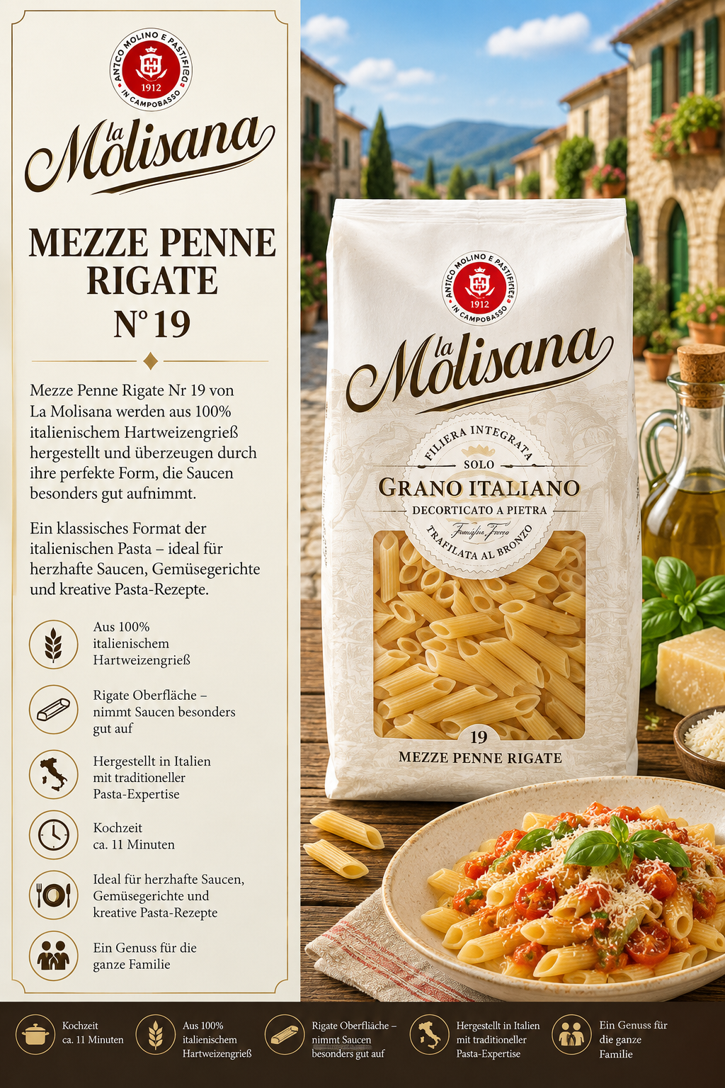 Pasta, Mezzo Penne Rigate, Grano Italiano, Hartweizen, Mehlverpackung