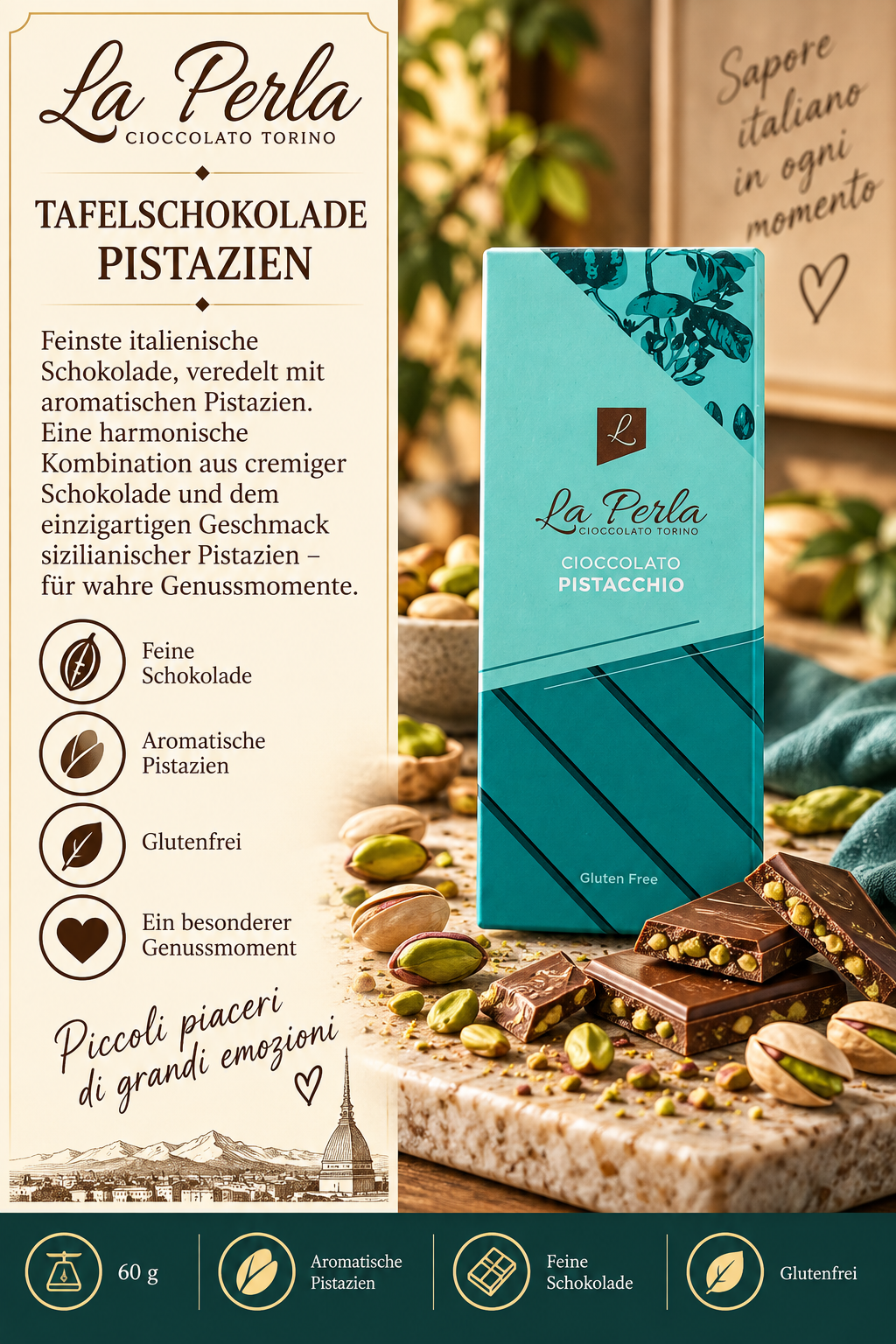 Schokolade, Tafel, Pistazien, Glutenfrei, Aroma Pistazien