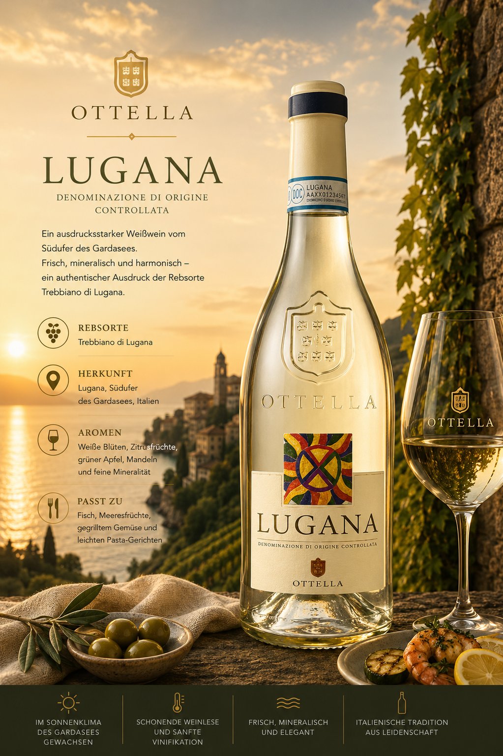 Weißwein, Lugana, Ottella, Flasche, Glas
