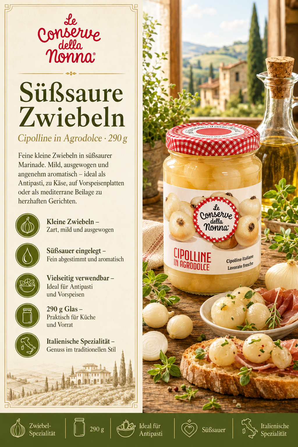 Zwiebeln, Süßsaure Zwiebeln, Glas Glasbehälter, Italienische Spezialität, Olivenöl, Brotbelag