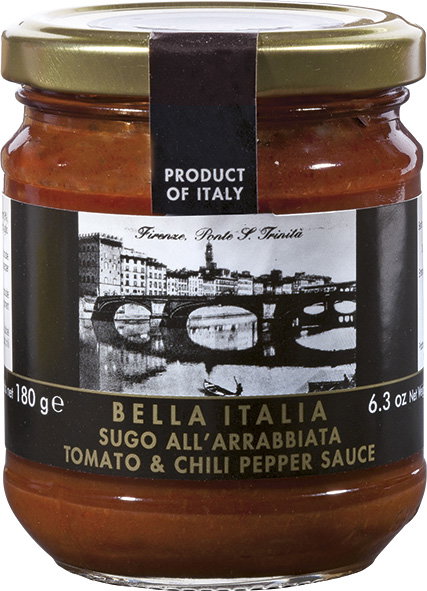 Tomatensauce, Chili-Schärfe, Glasbehälter, Italienische Sauce, Etikett mit Stadtansicht