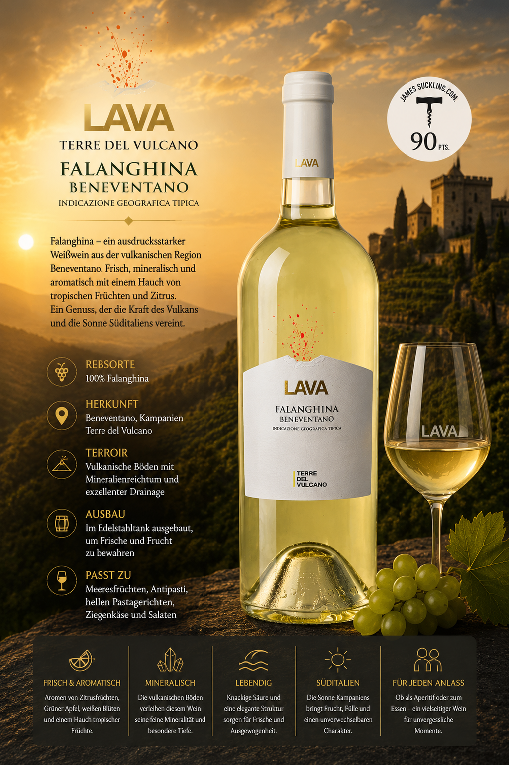 Weißwein, Falanghina, Benvenantano, Vulkanregion, Glas