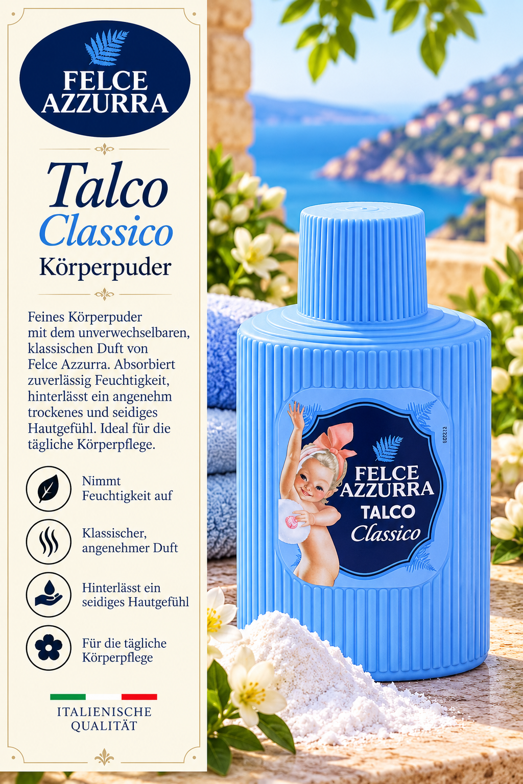 Körperpuder, Talco, Körperlotion, Feiner Duft, Italienische Qualität
