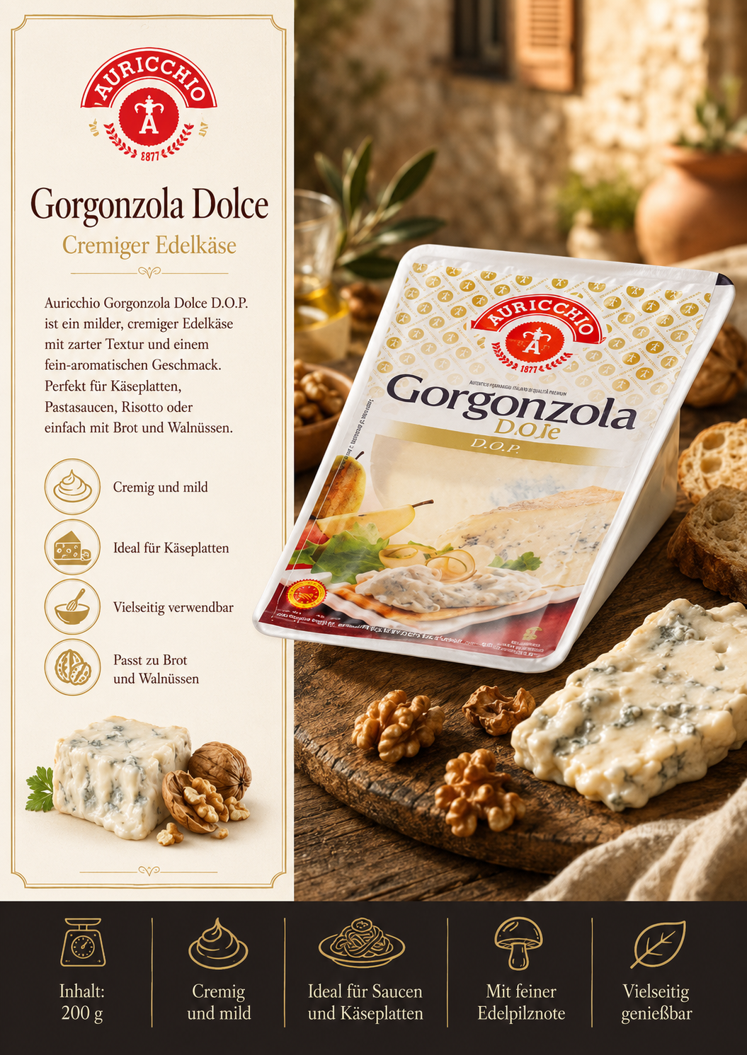 Käse, Gorgonzola, Pastakäse, Edelschimmelkäse, Walnüsse