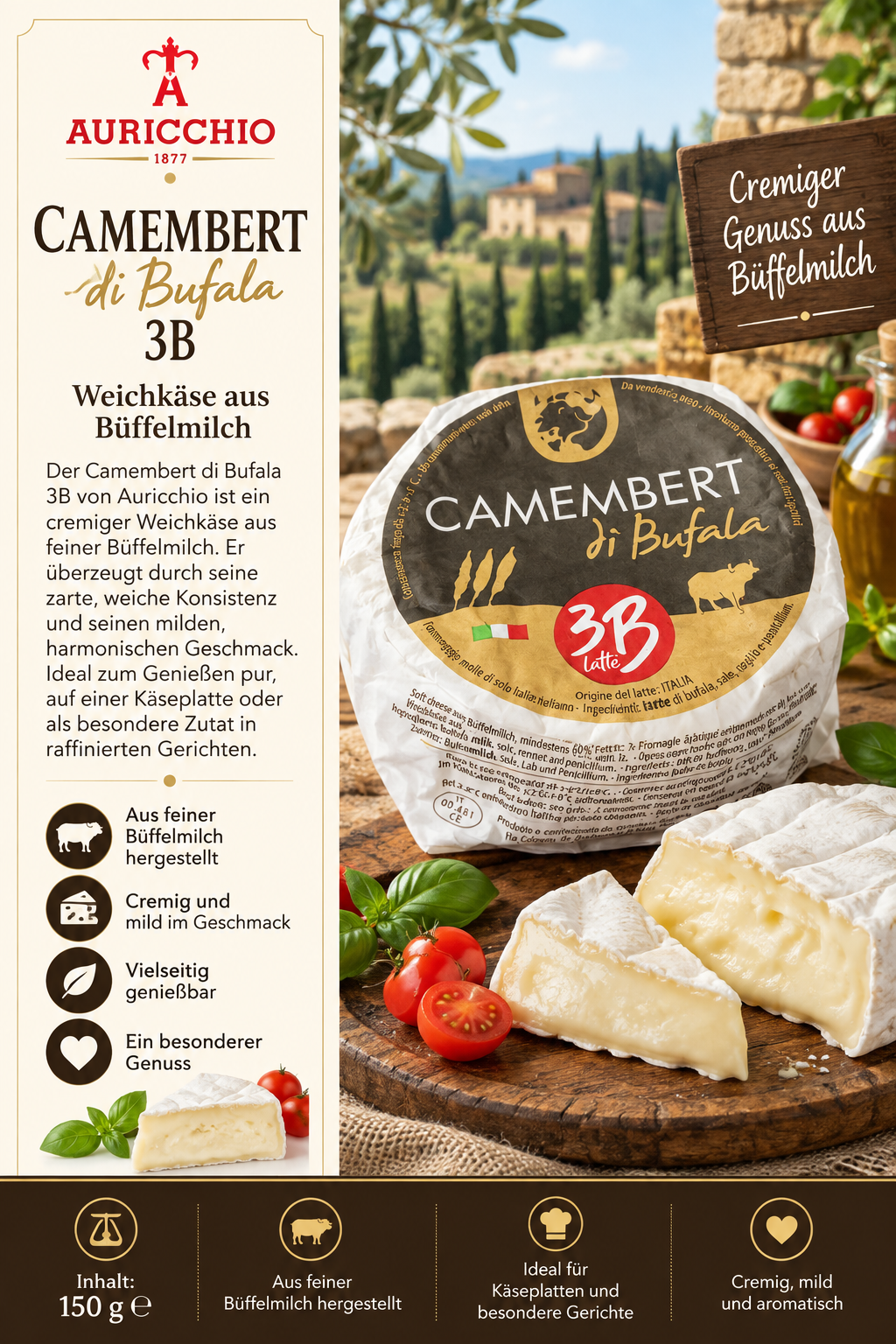 Camembert, Weichkäse, Büffelmilch, 3B, Markenname nicht verwendet