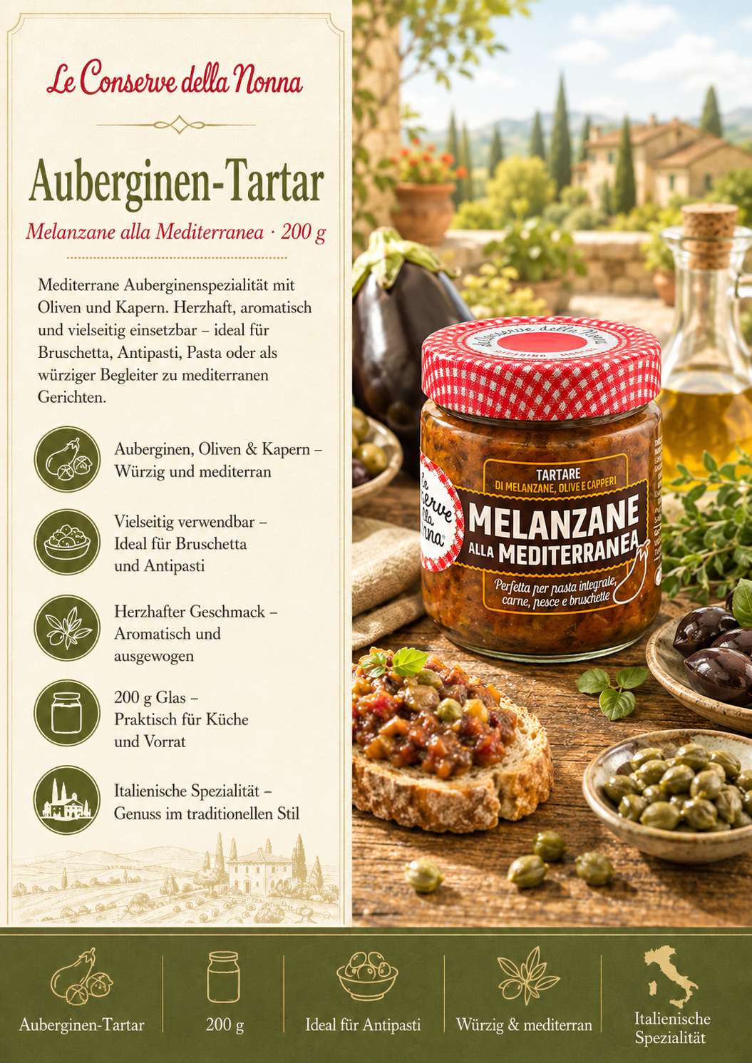 Auberginen-Tartar, Melanzane, Mediterrane, Pasta-Aufstrich, Oliven