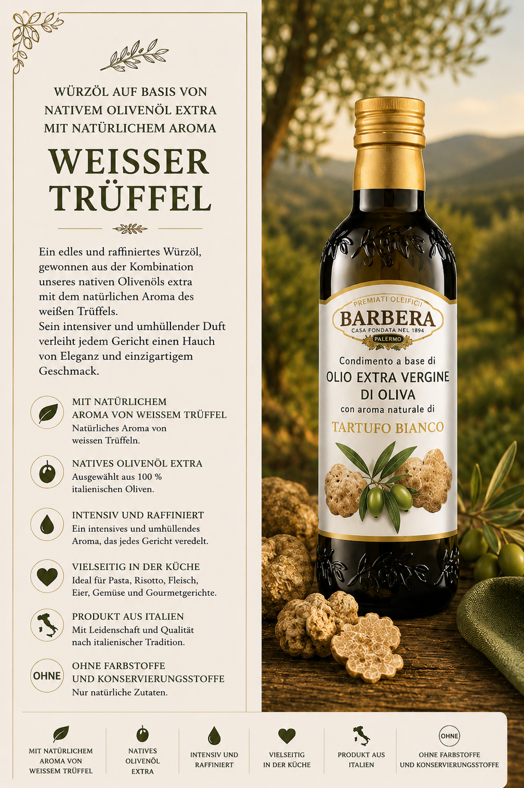 Weißer Trüffel, Würzöl, Olivenöl, Barbera, Tartufo Bianco