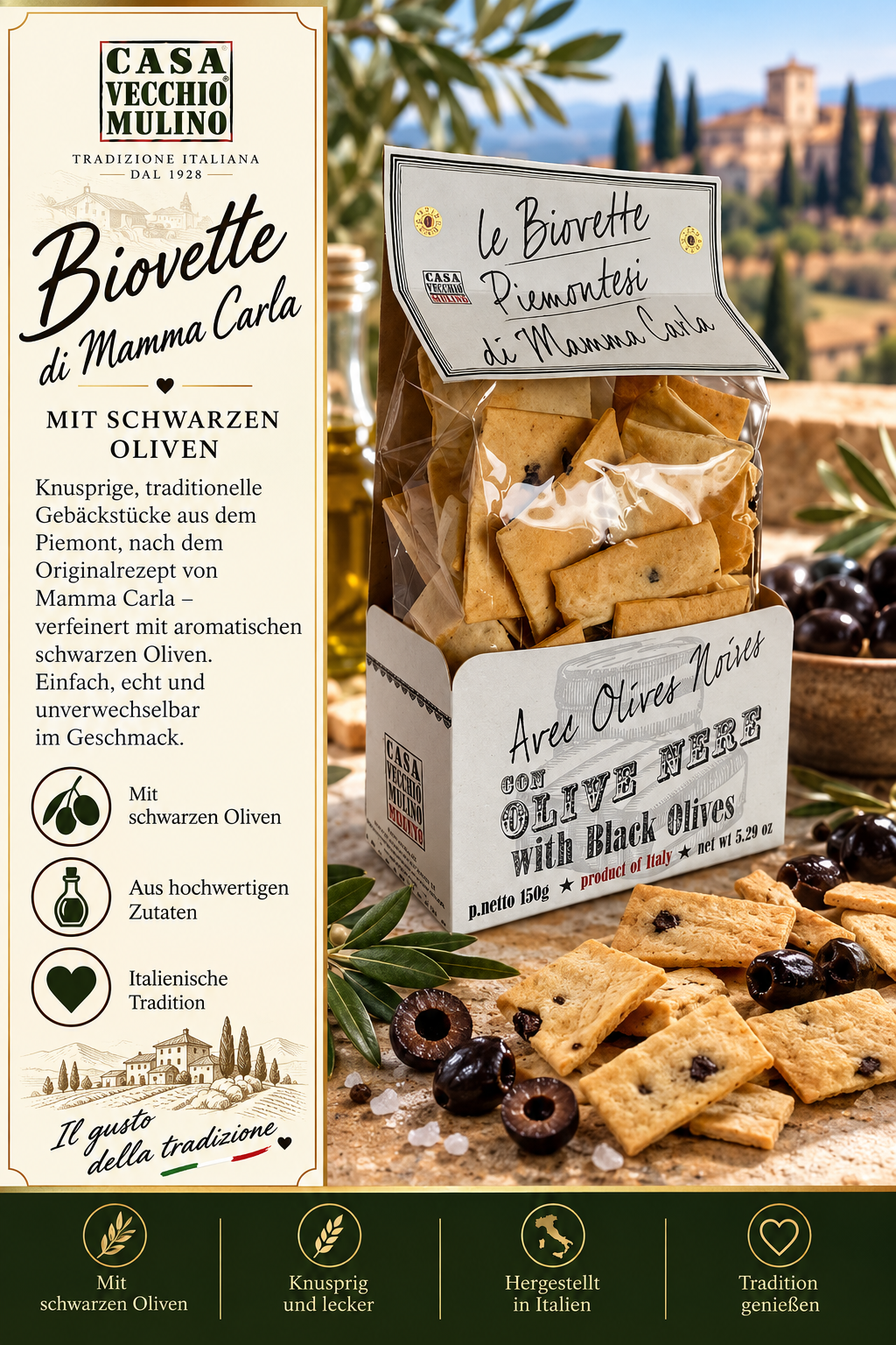 Oliven, Olivenkekse, Schwarze Oliven, Italienischer Snack, Mamma Carla