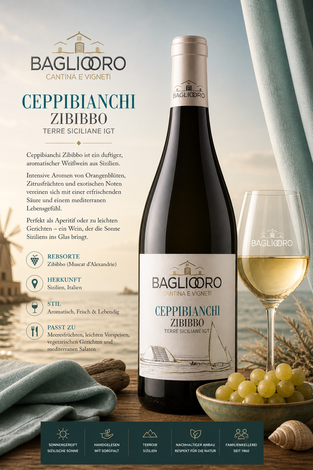 Weißwein, Sicilia, Zibibbo, Terre Siciliane IGT, Weinflasche