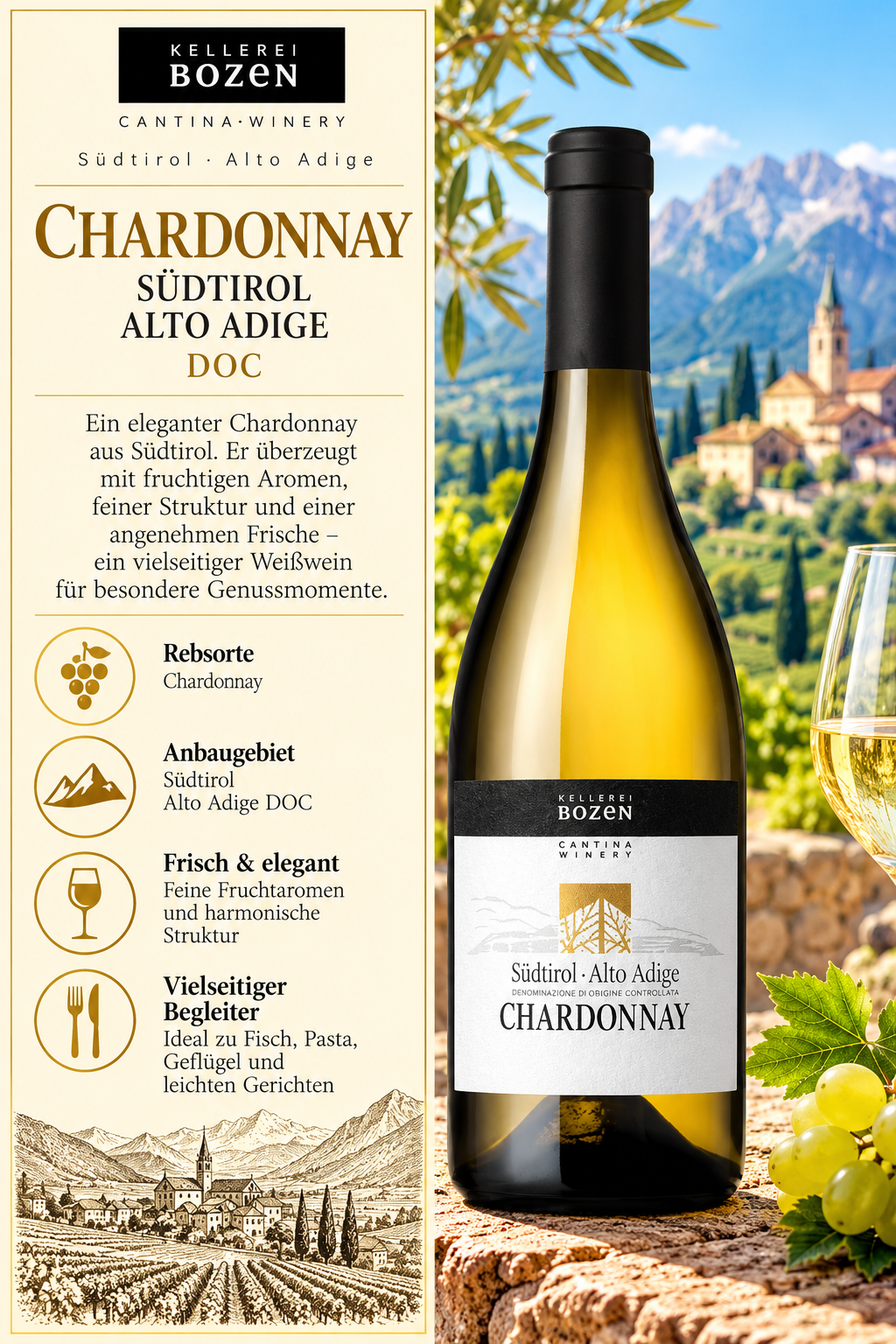 Chardonnay, Weißwein, DOC, Alto Adige, Flasche