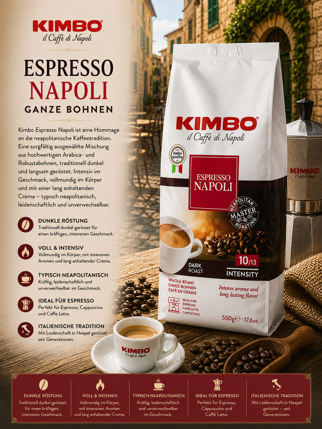 espresso, napoli, ganze bohnen, dunkelröstung, verpackung