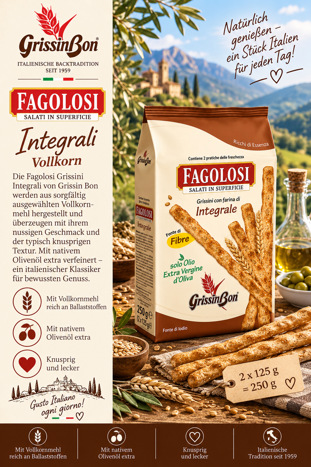 Vollkornmehl, Integral-Toast, GrissinBon, Fagolosi, Salati in superficie