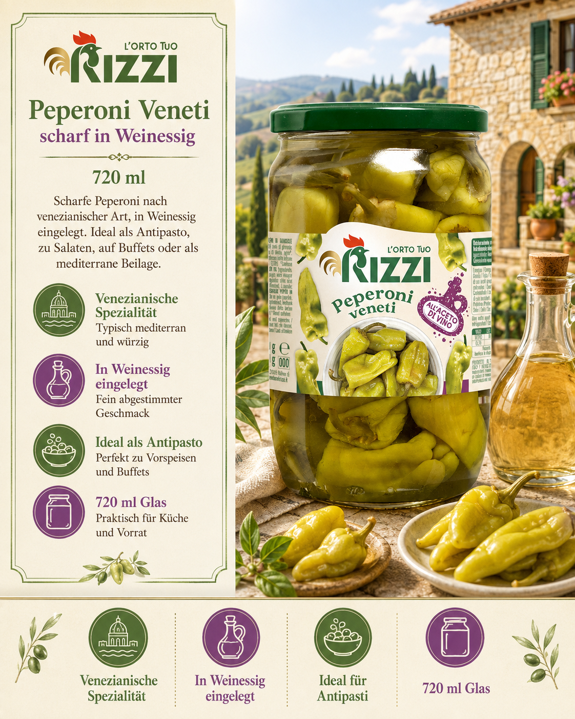 Gläser, Peperoni, Venetianische Spezialität, Essiggurken, Olivenölflasche