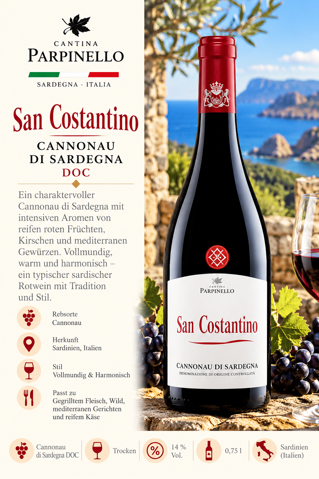 wein, rotwein, cannonau, kanonau di sardegna, flaschenetikett