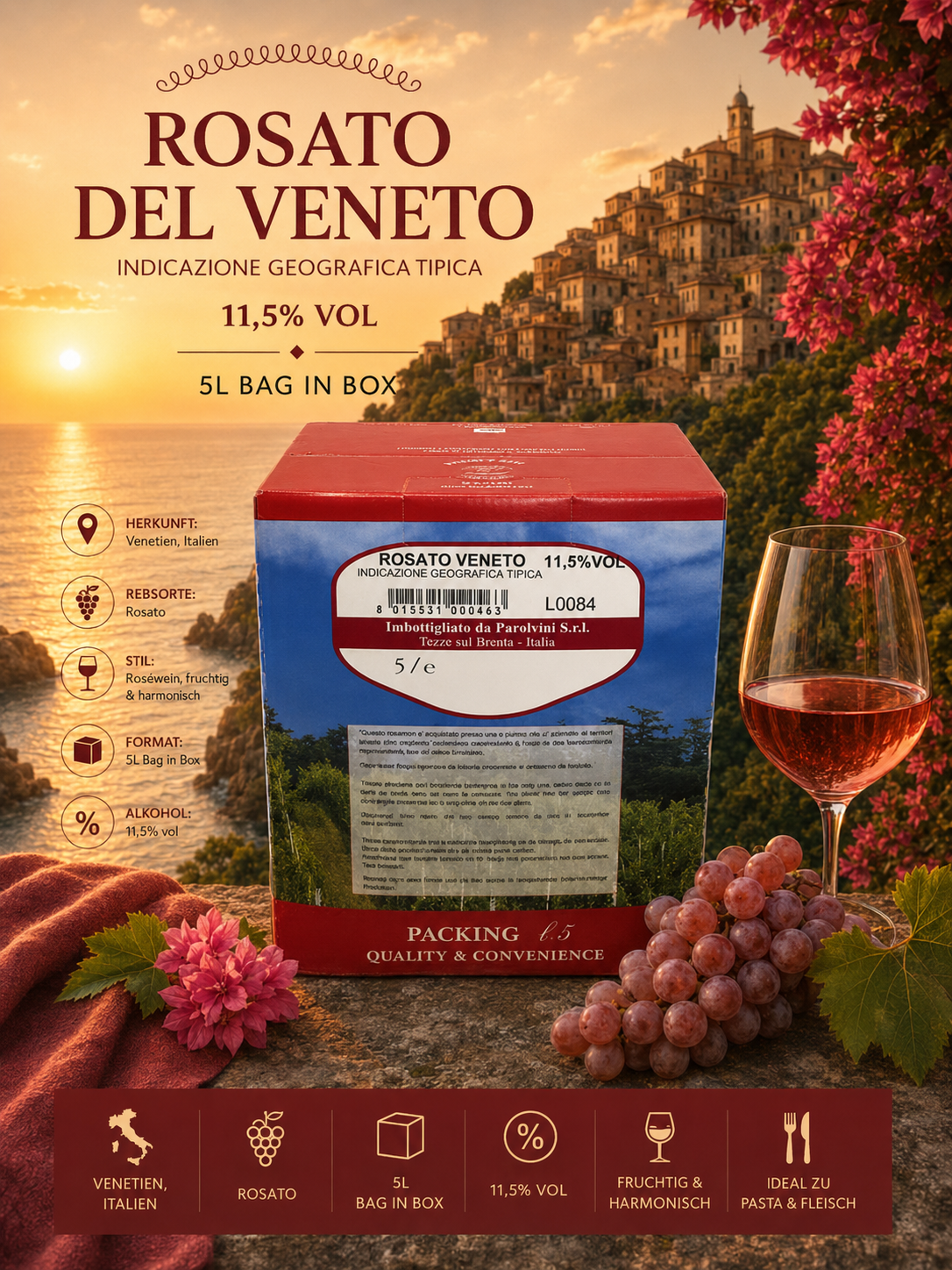 Rosato, Wein, 5L Bag in Box, Trauben, Italienische Herkunft