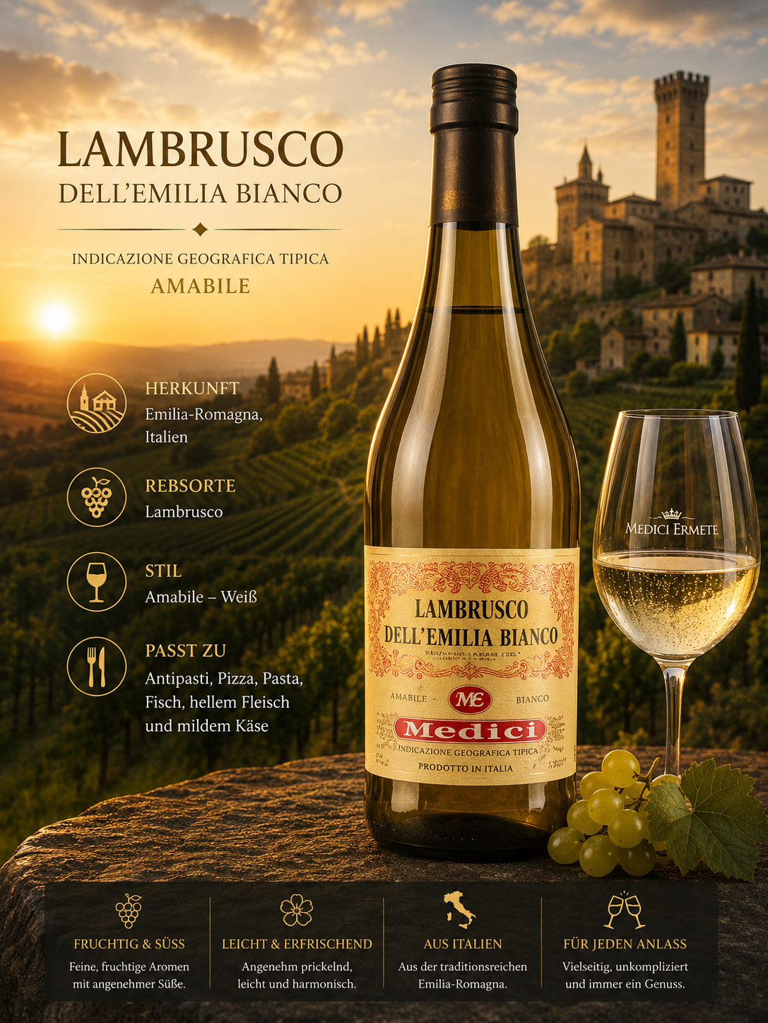 Weißwein, Lambrusco, Italien, Vinflasche, Glas Wein