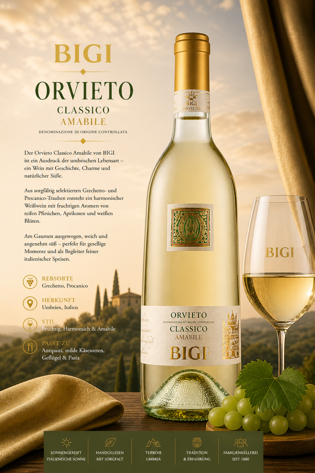 Weißwein, Weißweinflasche, Klassisch, Amabile, Bigi Orvieto