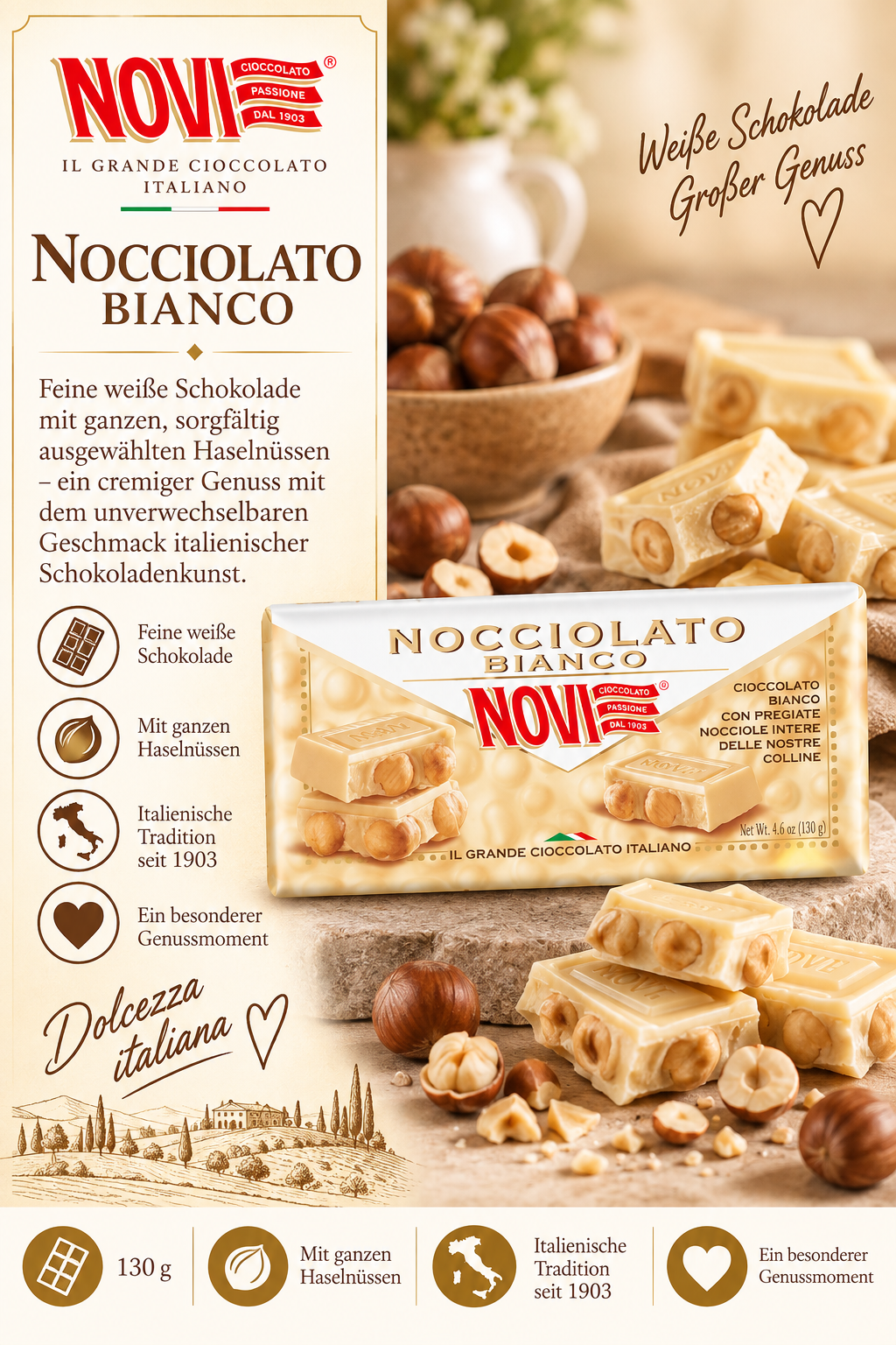 Nocciolato, Schokolade, Haselnüsse, Italienische Tradition, Weiße Schokolade