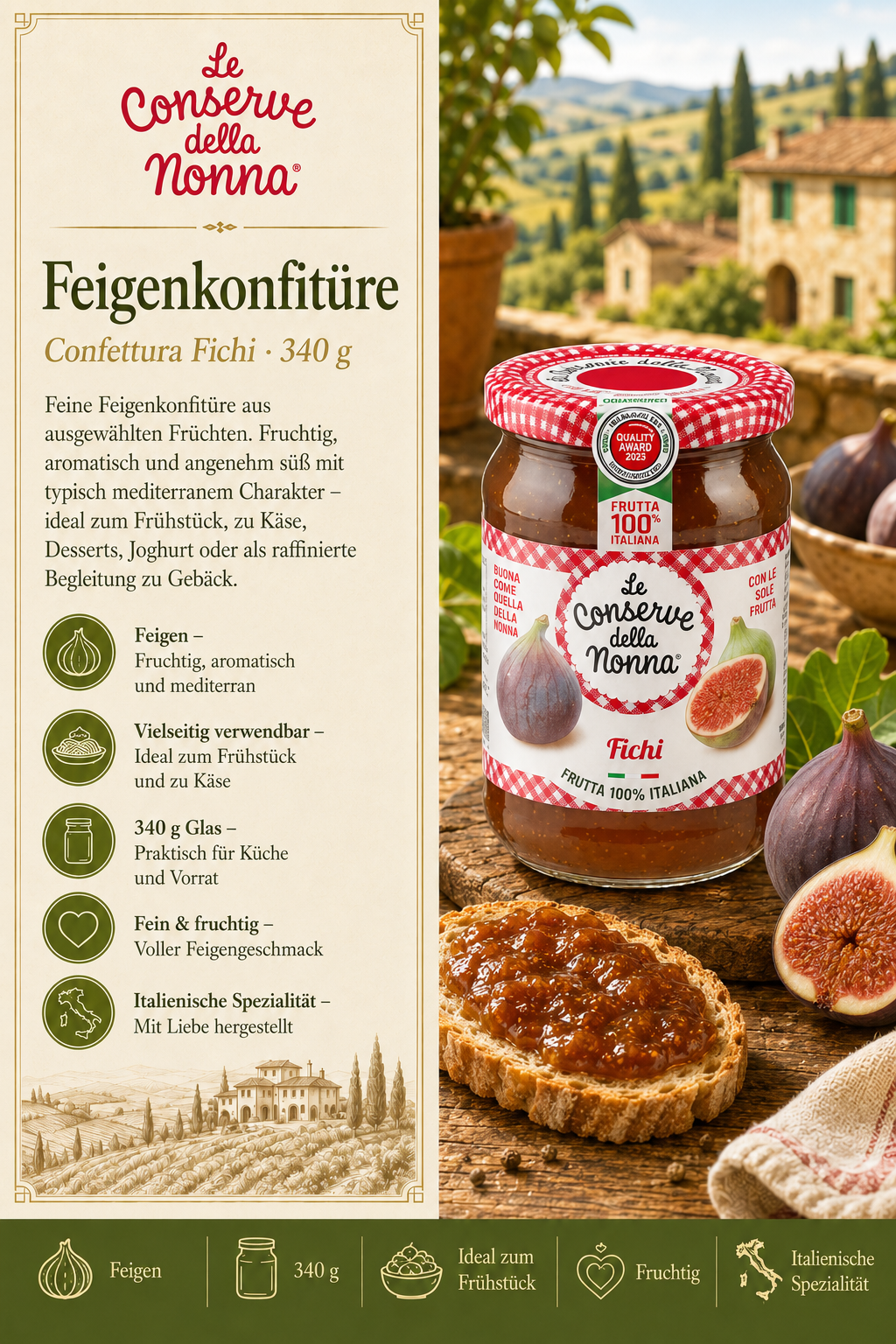 Feigenkonfitüre, Fruchtaufstrich, Glas, Italienische Spezialität, 340 g