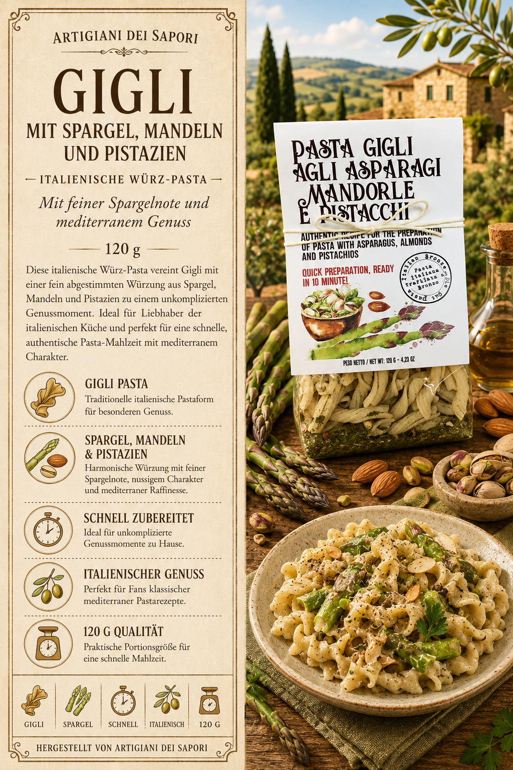 Pasta, Gigli, Asparagi, Mandeln, Pistazien