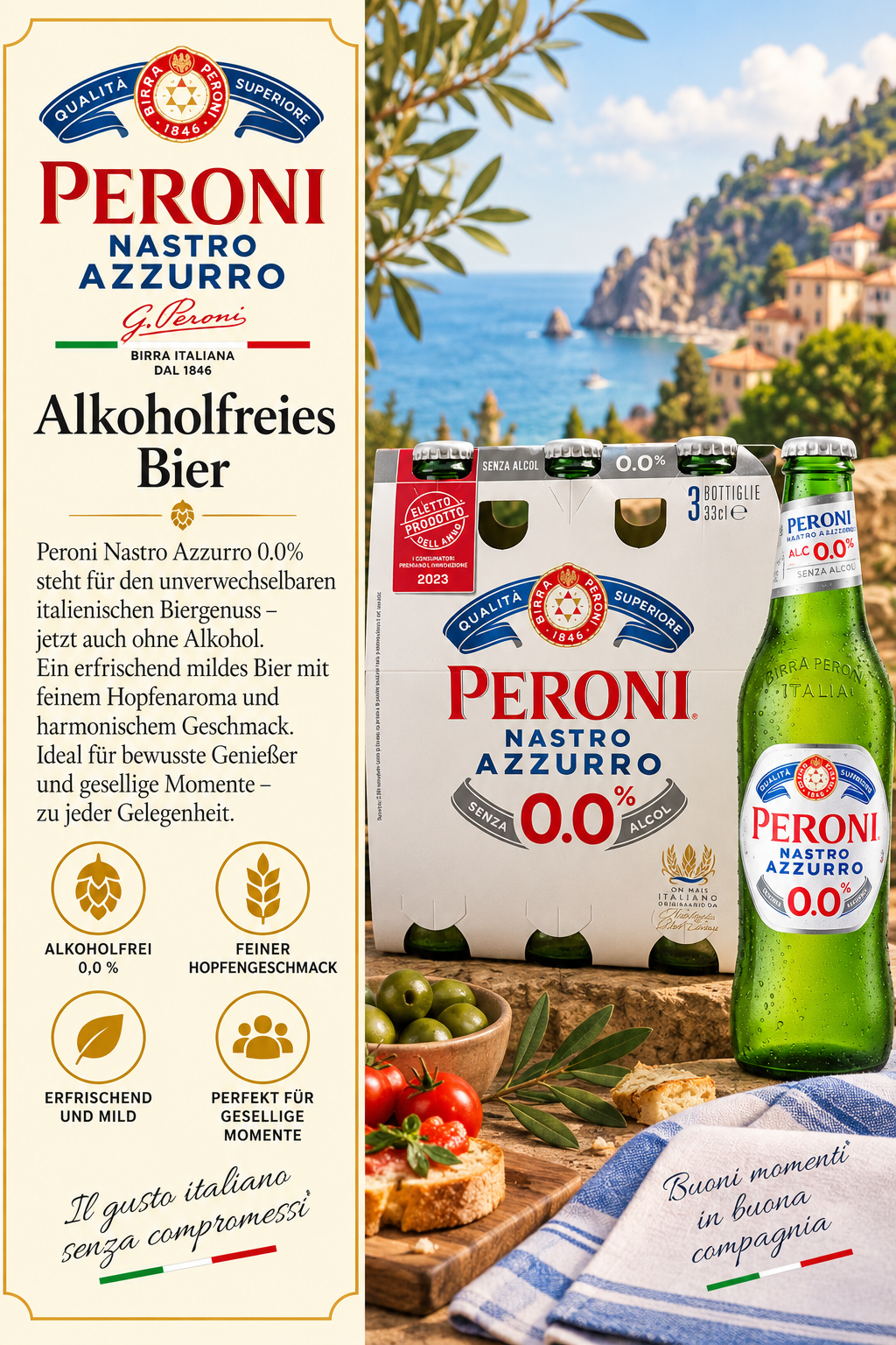 alkoholfrei, Bier, 0,0%, Nastro Azzurro, Peroni